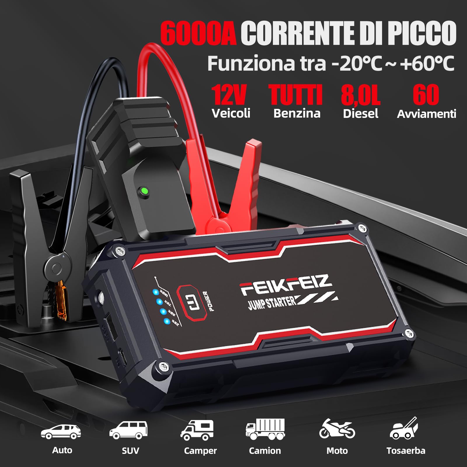 FEIKFEIZ Avviatore Batteria Auto, 6000A 26800mAh Avviatore Emergenza per Auto (Adatto a Tutti i Veicoli a Benzina o 8,0L Diesel), Avviatore di Emergenza, Jump Starter, con di Uscita USB, Luce LED