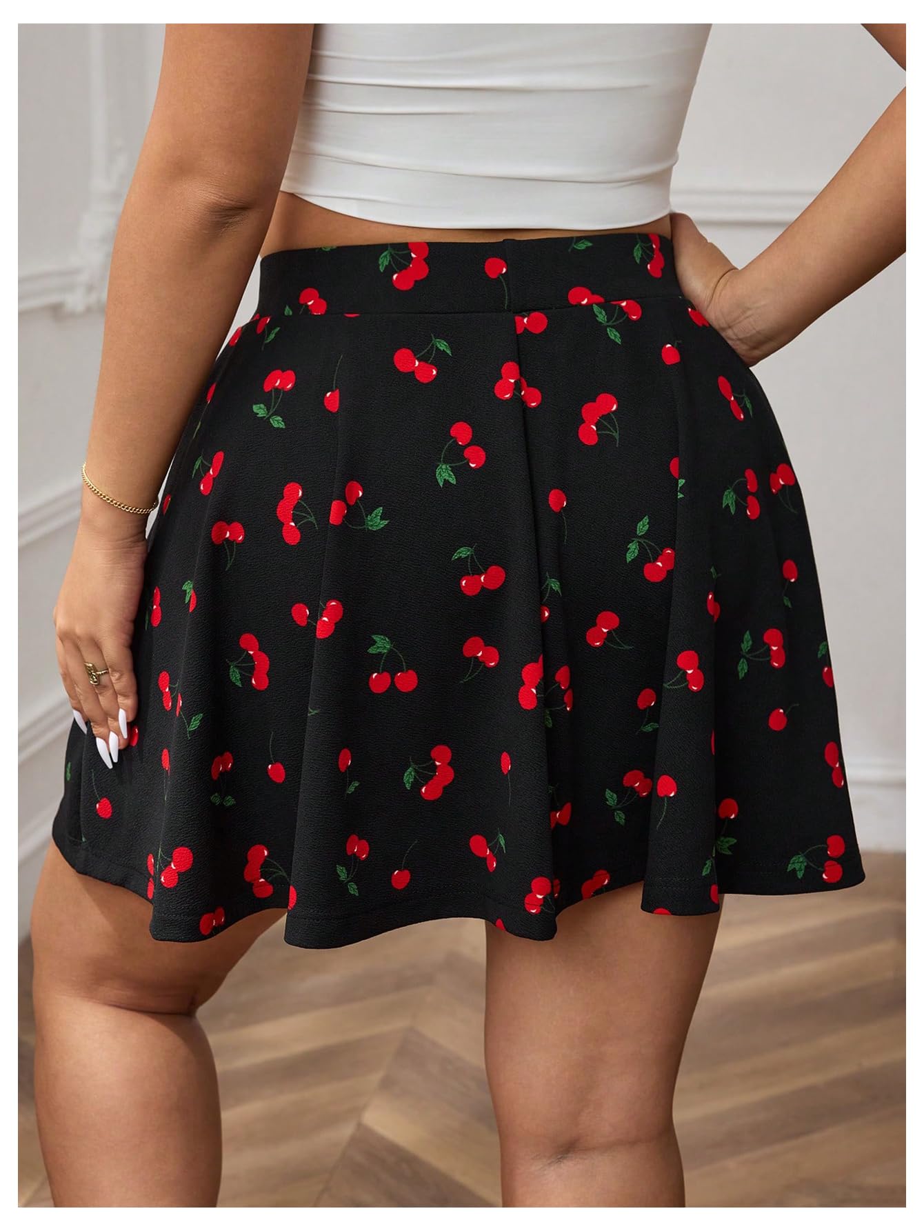 Floerns Falda pantalón corto con estampado de cerezas para mujer, talla grande, cintura alta, pierna ancha