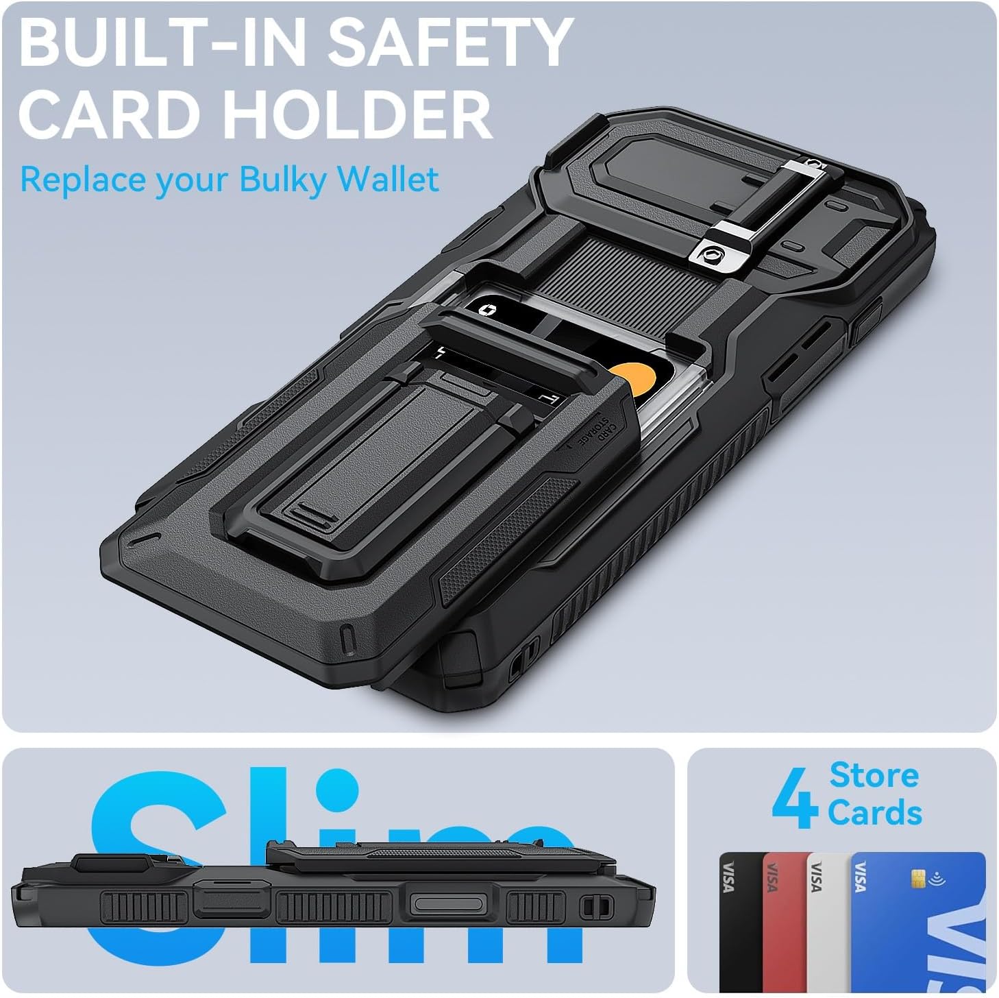 for iPhone 16 Pro Max Case with Semi-Automatic Card Slot (3-4 Cards) RFID Blocking & Kickstand & Camera Lens Cover & Wallet, Heavy Duty Rugged Phone Case (Black)