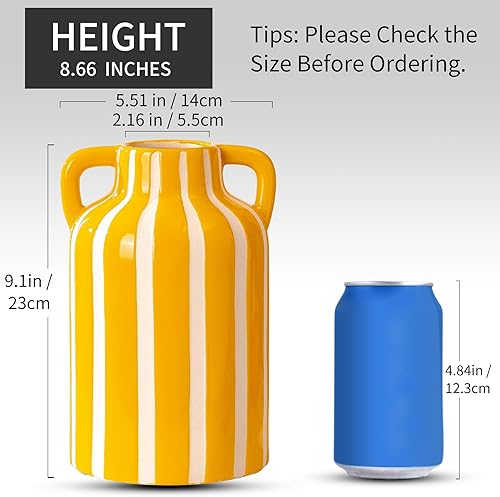 Miniatura 3 de Yellow and White Ceramic Vase with Handles, Stripes Floral Vase for Home Decor, Flowers Kitchen Bookshelf Mantle, Living Room Coastal Decor, Rustic