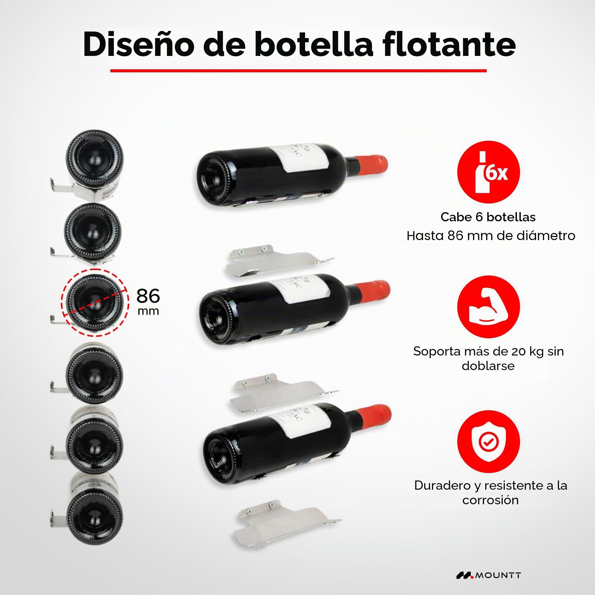 Estante de vino de acero inoxidable montado en la pared, solución de almacenamiento de vino para 6 botellas con diseño desmontable y diseño flotante moderno, soporte para botellas de vino