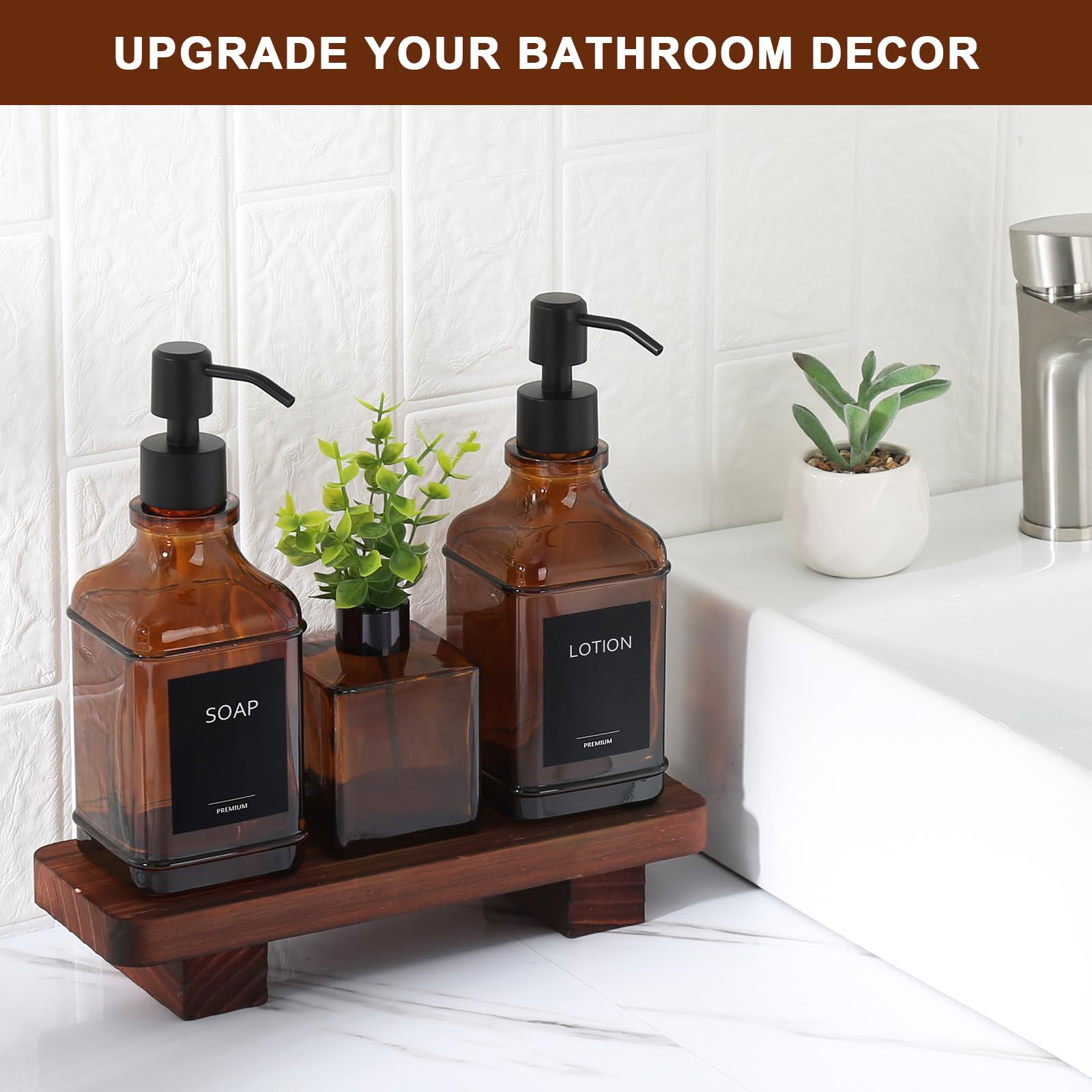 Moderno set di dispenser di sapone da cucina con vassoio in legno, dispenser di sapone in vetro ambrato con pompa, set di dispenser di sapone decorativo per mani e piatti, dispenser di sapone e