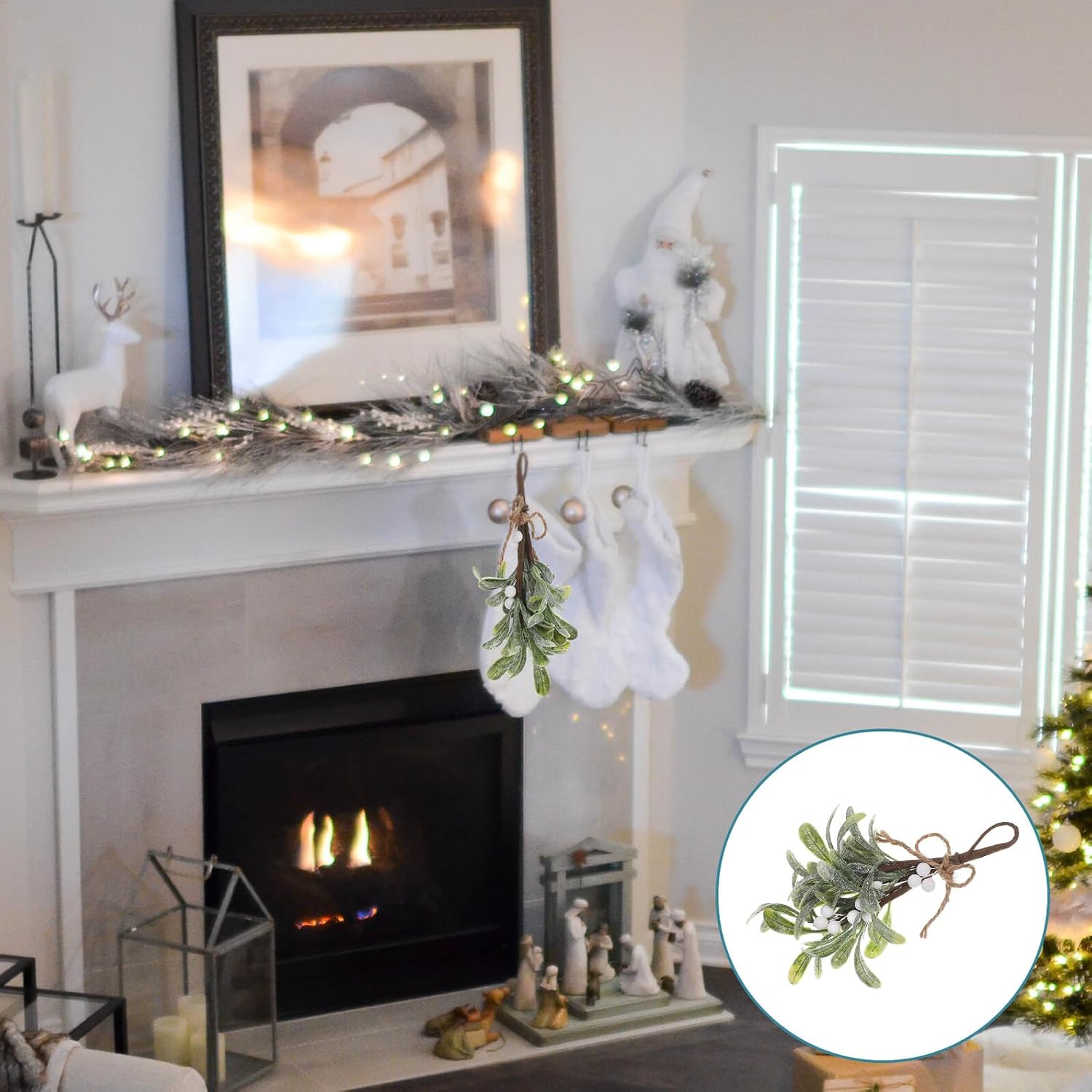 Christmas Mistletoe Wall Hanging Ornament, White Artificial Mistletoe Branch Teardrop, Holiday Door and Fireplace Decoration for Seasonal Home Party Decor