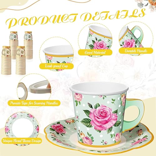 Miniatura 9 de Umigy 60 juegos de tazas de té de papel florales con asa y platos, juegos de tazas de té y platillos desechables con cinta para bebidas frías y