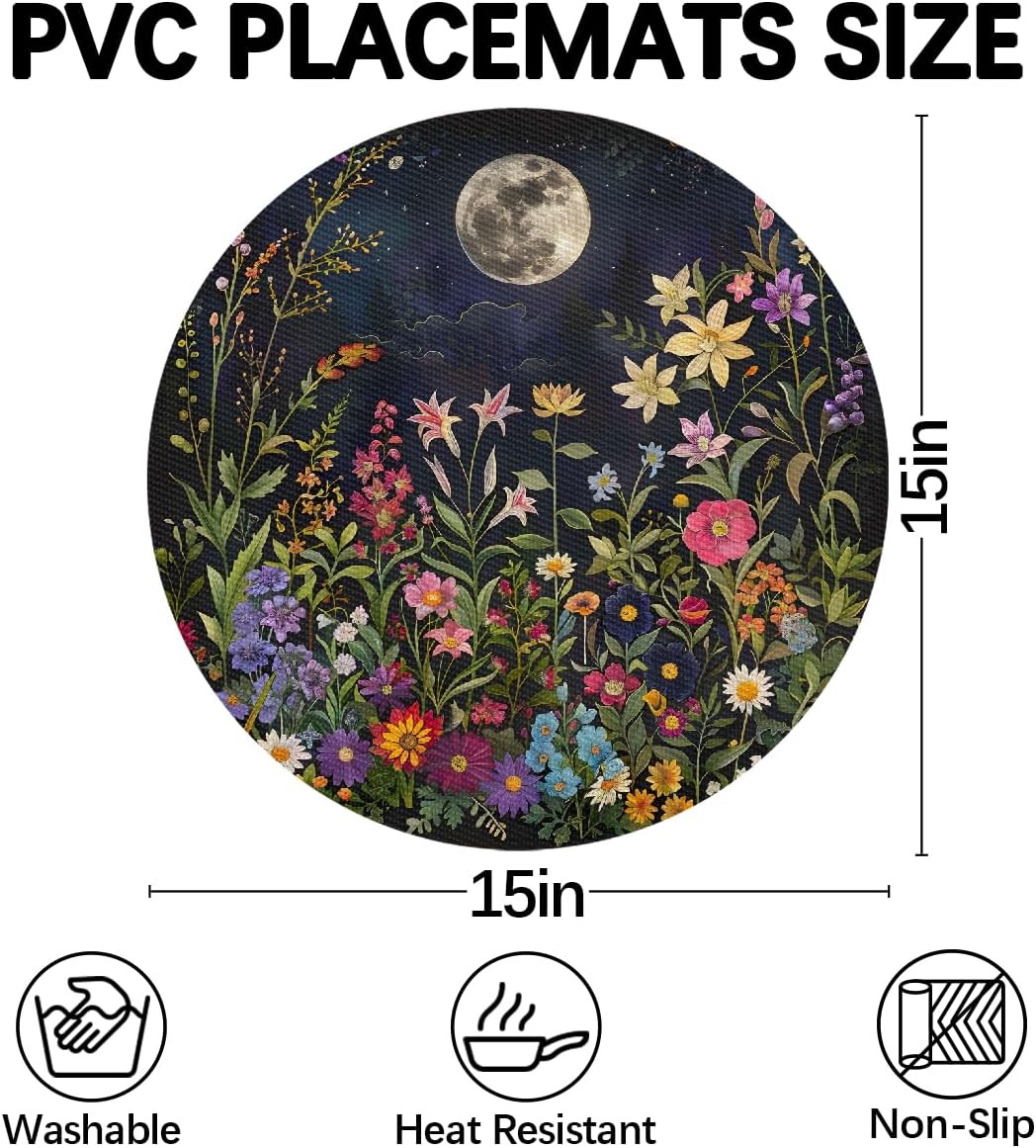 Wedge Placemats Set of 6 PVC Flower Garden Moon Wedge Table Placemats and 1 Round Plates Mat Non-Slip Heat Resistant Washable Table Mats for Kitchen Dining Table Party Patio Decor