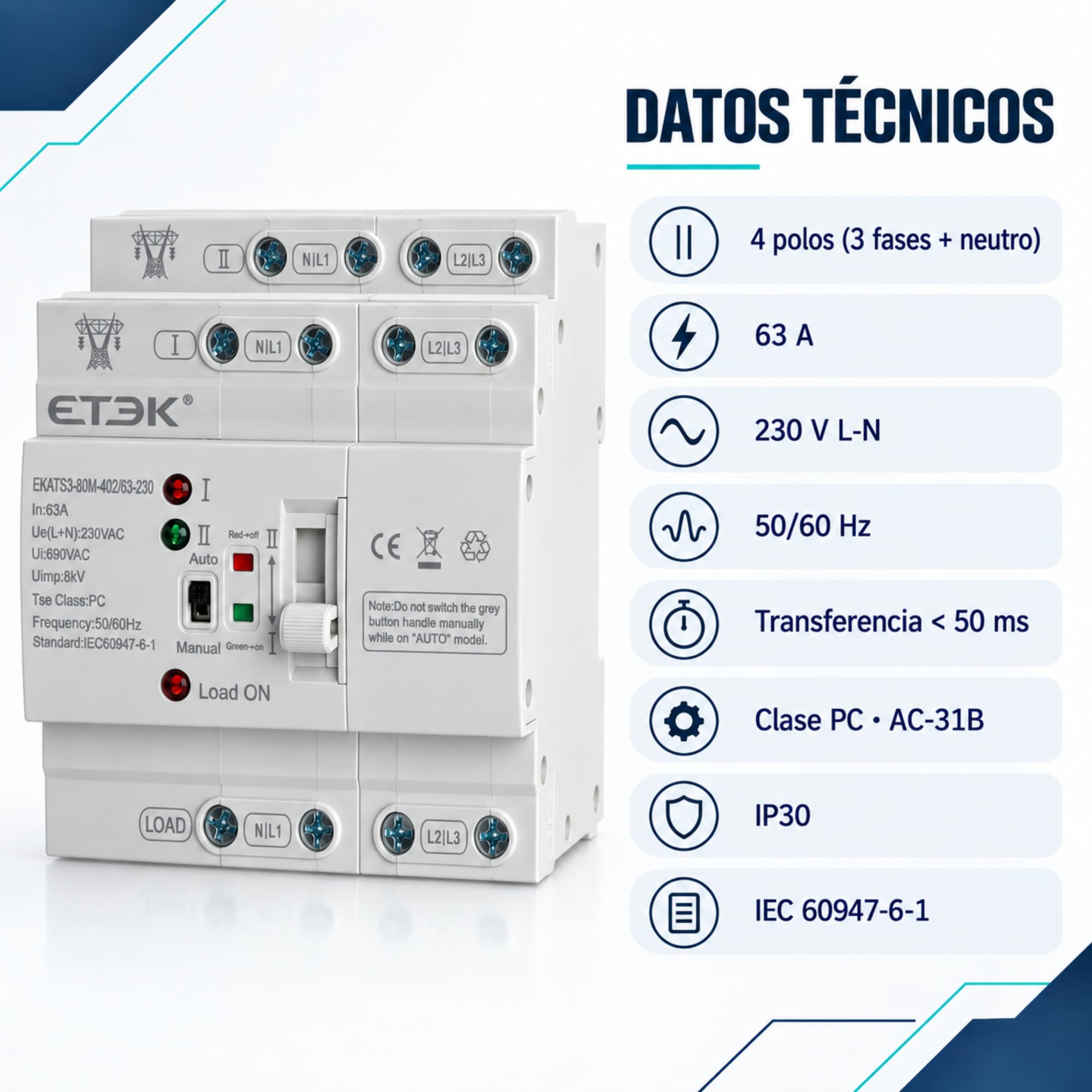 Interruptor de Transferencia Automática ATS 4P 63A 230V Doble Alimentación