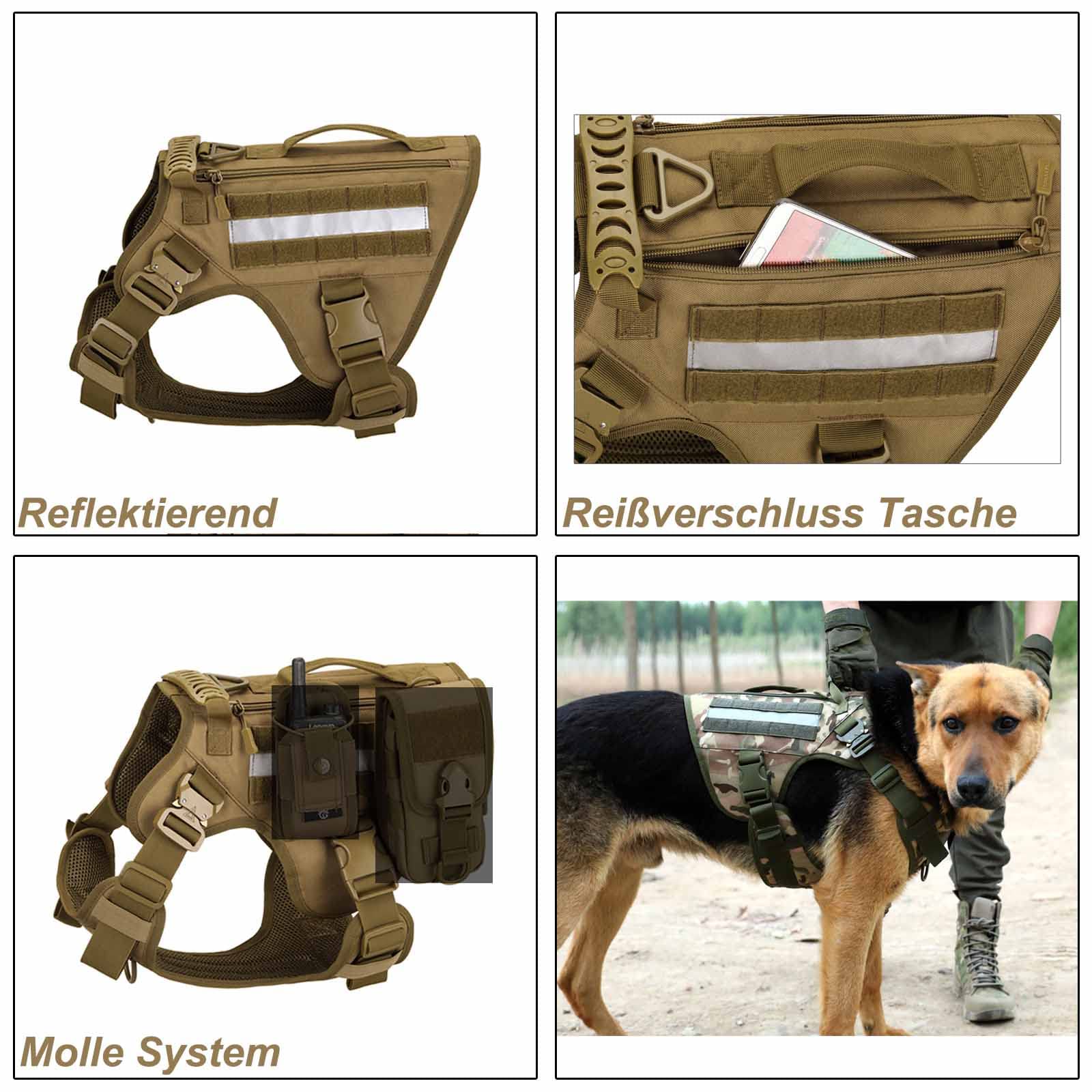 Hundegeschirr & Hundeleine für mittelgroße, große Hunde Reflektierend Reißverschluss-Taschen Taktisch Molle Hundeweste Gepolstert Brustgeschirr (XL, Schwarz)
