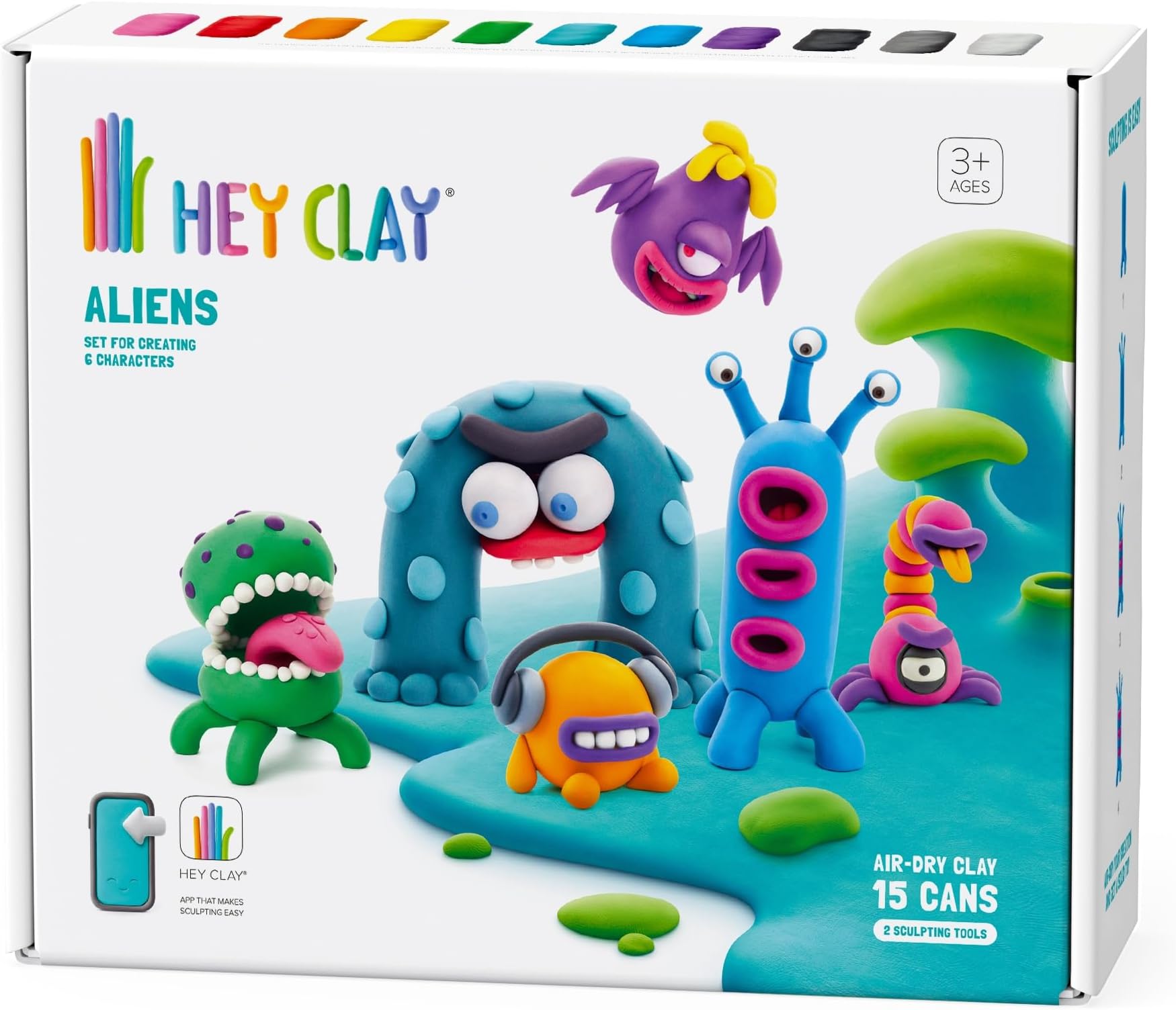 Hey ClayAliens Set - Colourful Modeling Air Dry Clay for Kids - Air Dry Clay Kit 15 cans and Sculpting Tools with Fun Interactive Instructions App