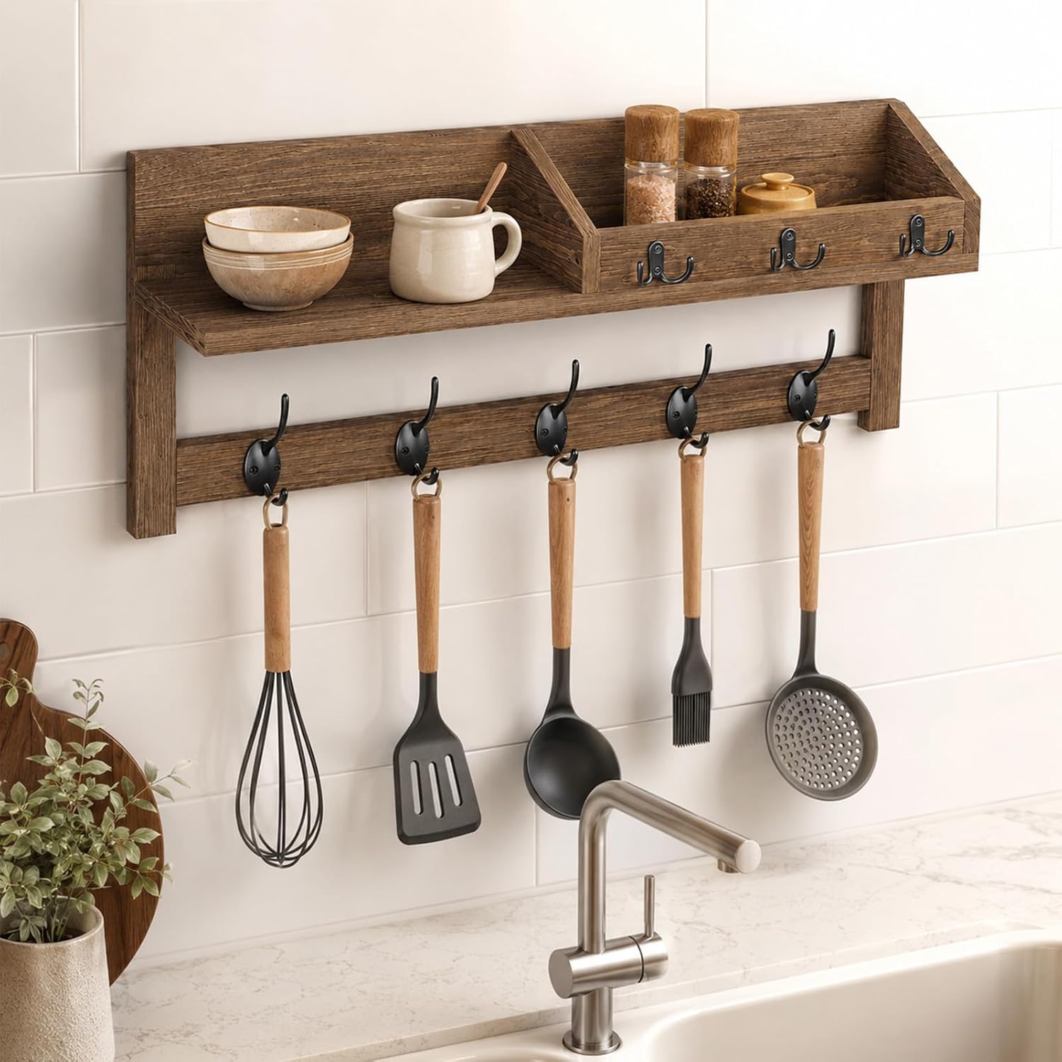Brown Coat Rack with Shelf, Key Holder for Wall, 25.98 Inch Mail Organizer | Ideal for entryways, hallways, mudrooms, kitchens, laundry rooms, bathrooms and bedrooms.