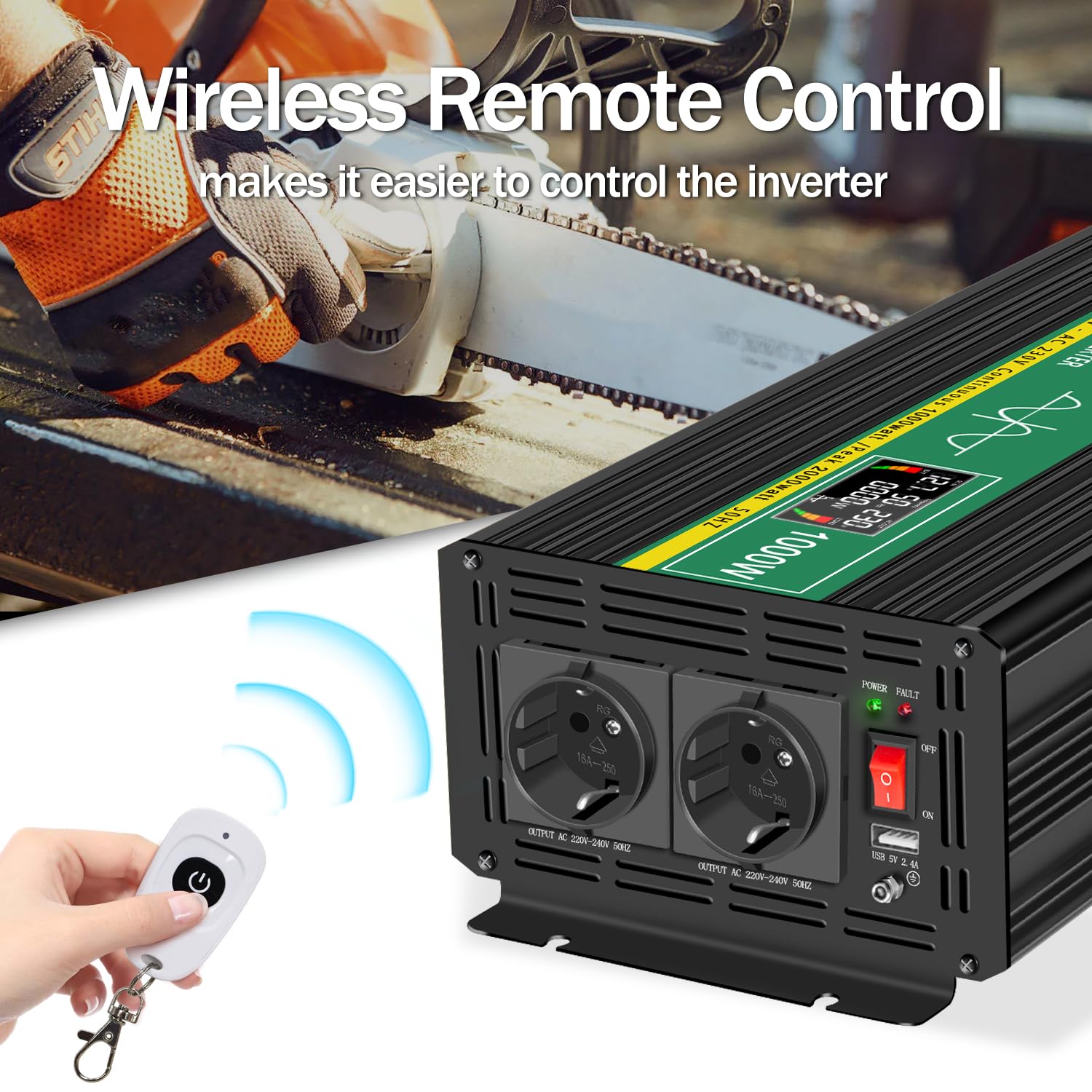 JIGUUN 1000W Convertisseur 12V 220V Pur Sinus Onduleur transformateur Puissance crête 2000W avec Télécommande sans Fil Écran LCD 2 Prises EU 1 Port USB pour Voiture Camping Voyage Urgence