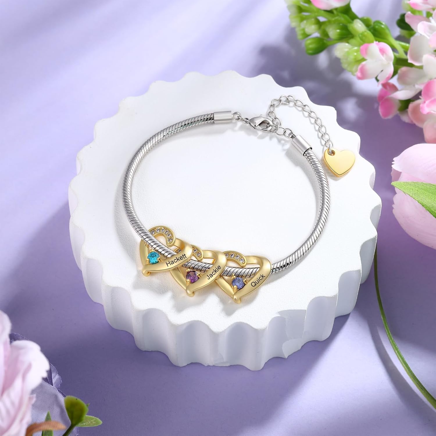 Birthstone Bracelets for Women - Personalized Mothers Bracelet with Birthstone Engraved 1-5 Names Mothers Day Bracelet Customized Christmas Gifts for Women Mom