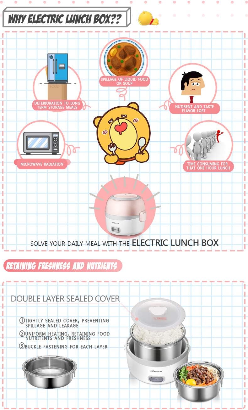 Diagram illustrating the 3 easy steps to seal the lid of the electric lunch box: open air valve, close lid, press air valve knob, resulting in a firmly sealed lid.