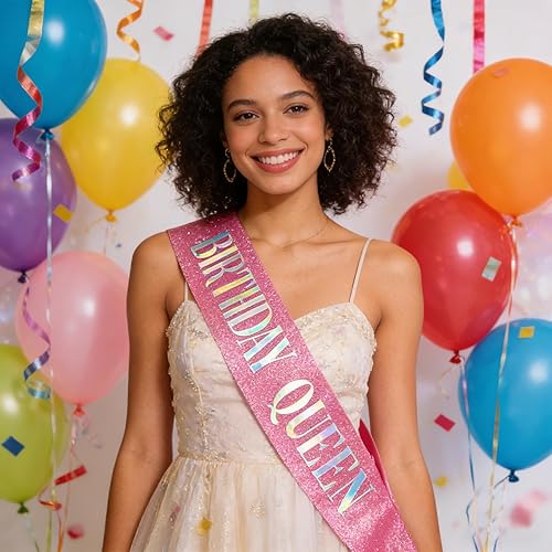 Vista 2 de Banda de cumpleaños Queen rosa, letras de papel de aluminio deslumbrante con purpurina para mujeres 21, 30, 40, 50, 60, regalos divertidos