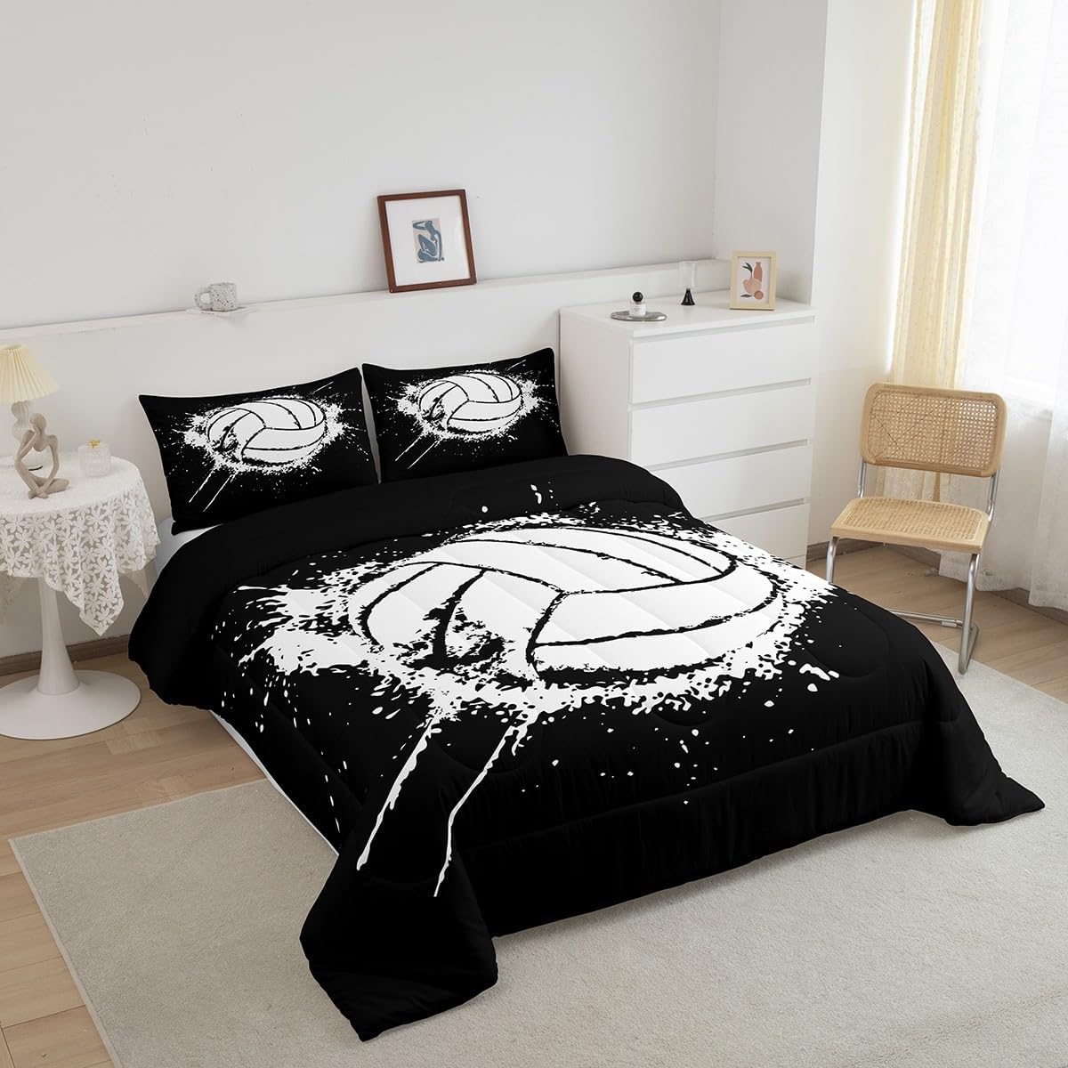 Erosebridal Volleyball Comforter Set Queen Size Beach Down Comforter Volleyball Games Sports Bedding Set for Boys Girls Young Man Black White Tie Dye Quilt Set Bedroom Decor with 2 Pillowcases