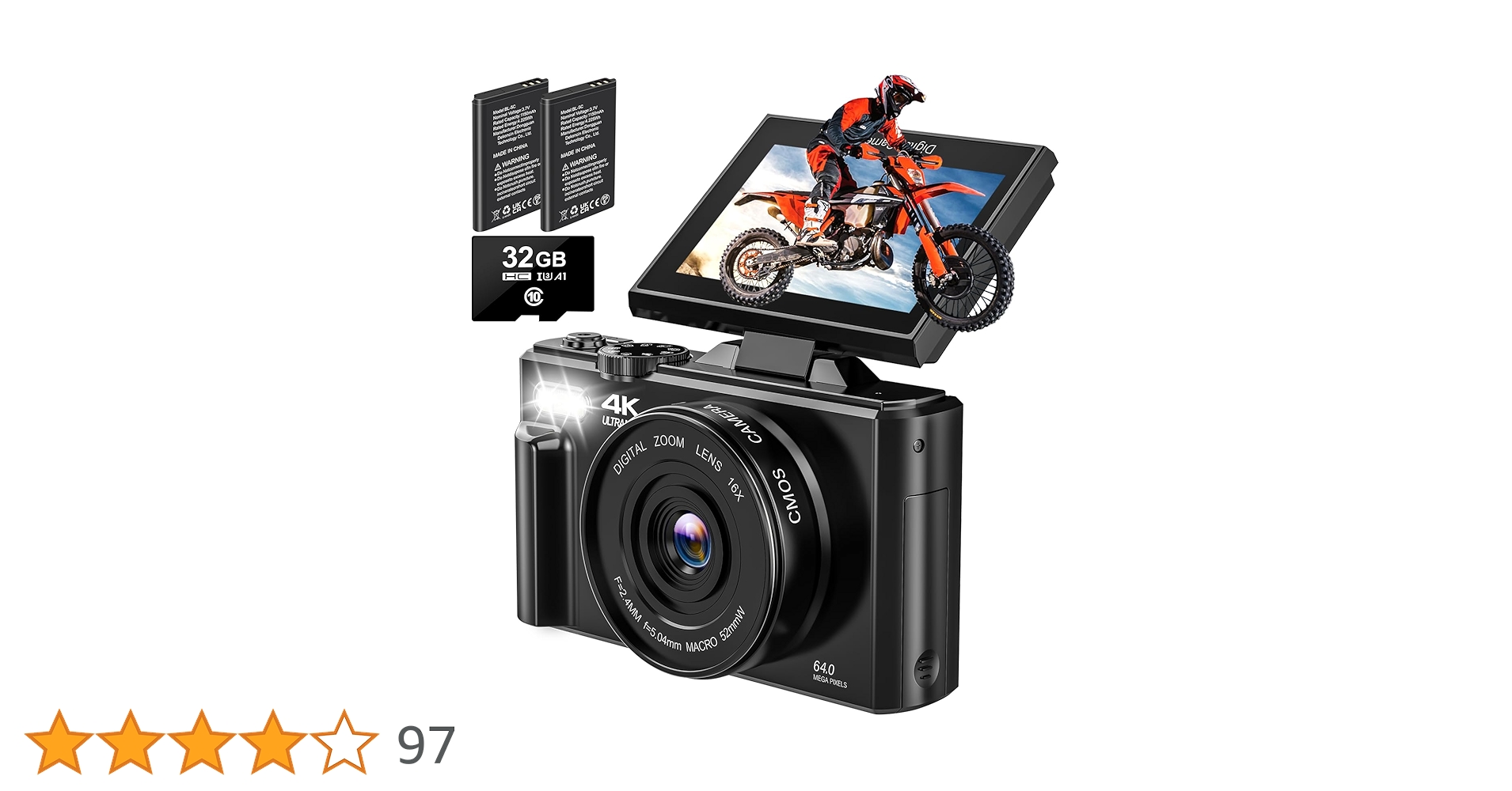 Amazon | Sinexe UHD付き4Kデジタルカメラ、64MPの写真撮影用オート