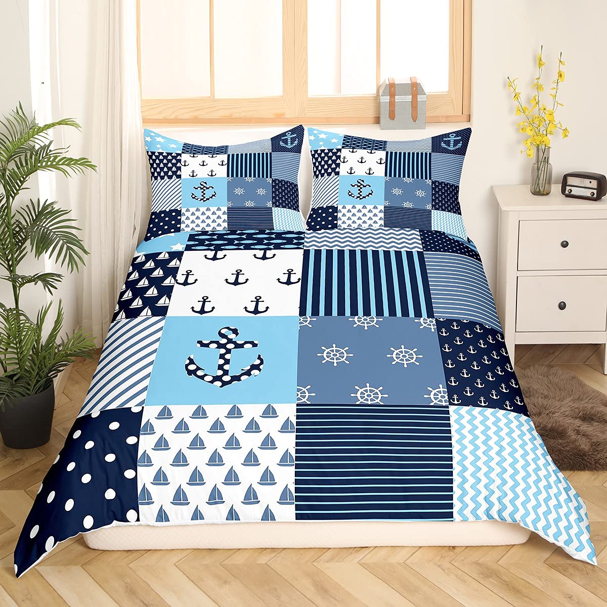 Juego de ropa de cama con diseño de océano para niños y adolescentes, funda de edredón para niños y adolescentes, diseño de rayas, color azul y blanco