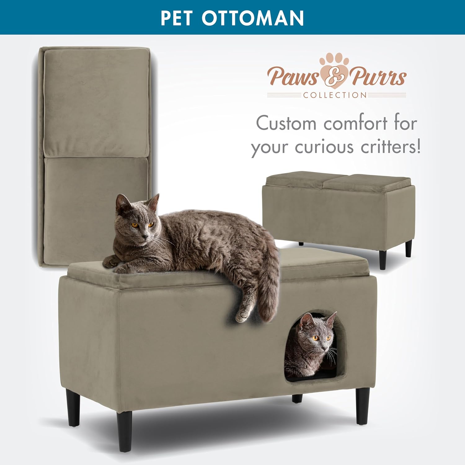 Paws & Purrs 32″ Wide Modern Dual-Purpose Ottoman & Multi-Cat Bed – Stylish 2-in-1 Footstool & Cozy Hideaway for Multiple Cats – Removable Cushioned Top, Hidden Storage, Ash