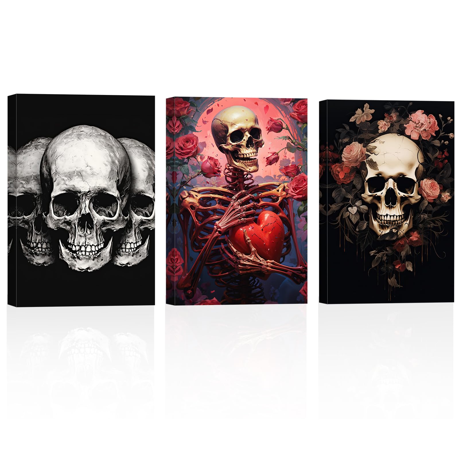 ZXHYWYM Skull Canvas Wall Art 3 Pieces Abstract Skeleton and Pink Roses Poster Prints Gothic Theme Paintings Halloween Wall Decor(3, (16.00" x 24.00" x 3PCS))