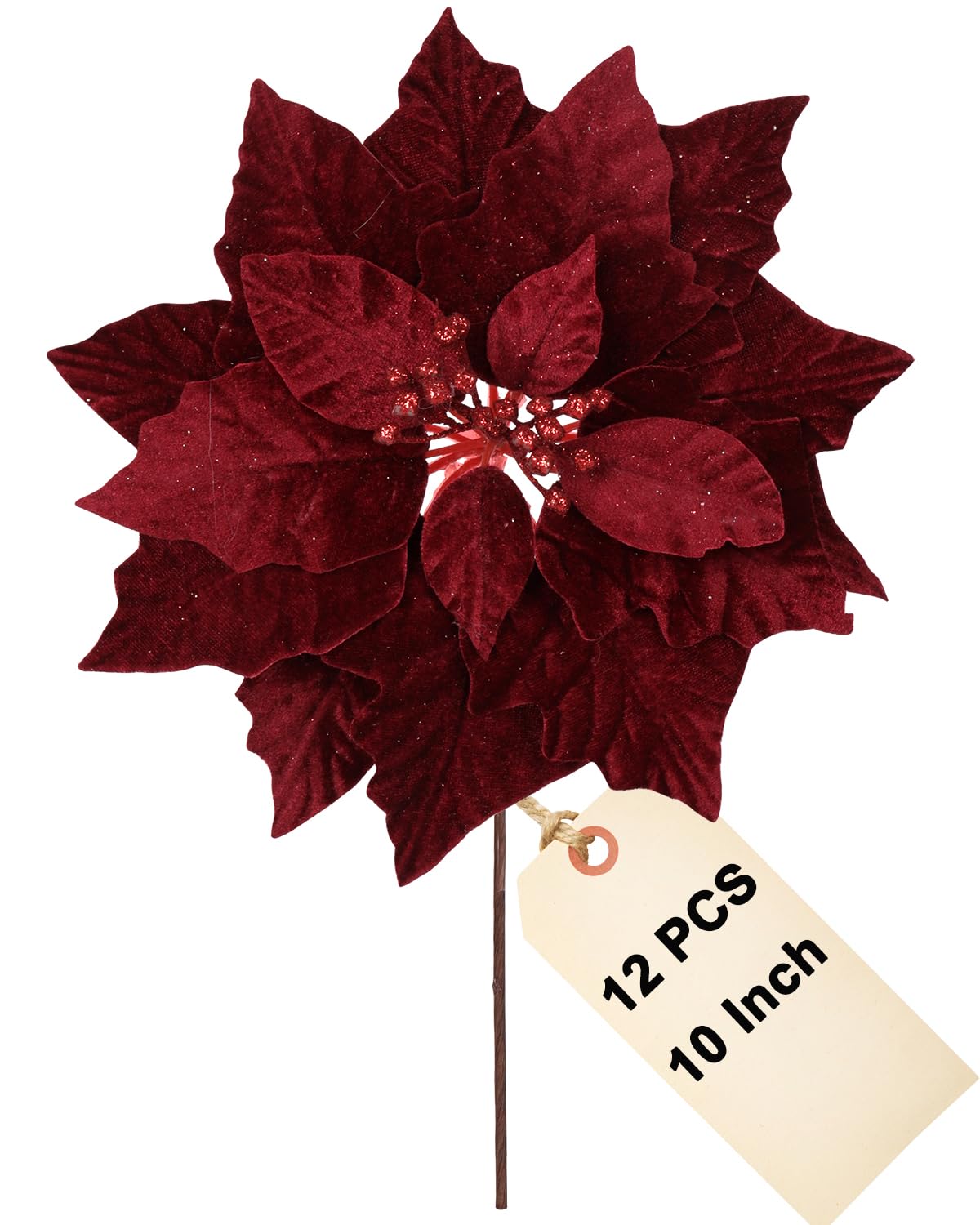 vensovo 25,4 cm rote Weihnachtsstern-Blumen für Baum – 12 Stück tiefrote Weihnachtsbaum- und Kranz-Blumendekorationen für Urlaub, DIY, Geschenkpapier und Heimdekoration