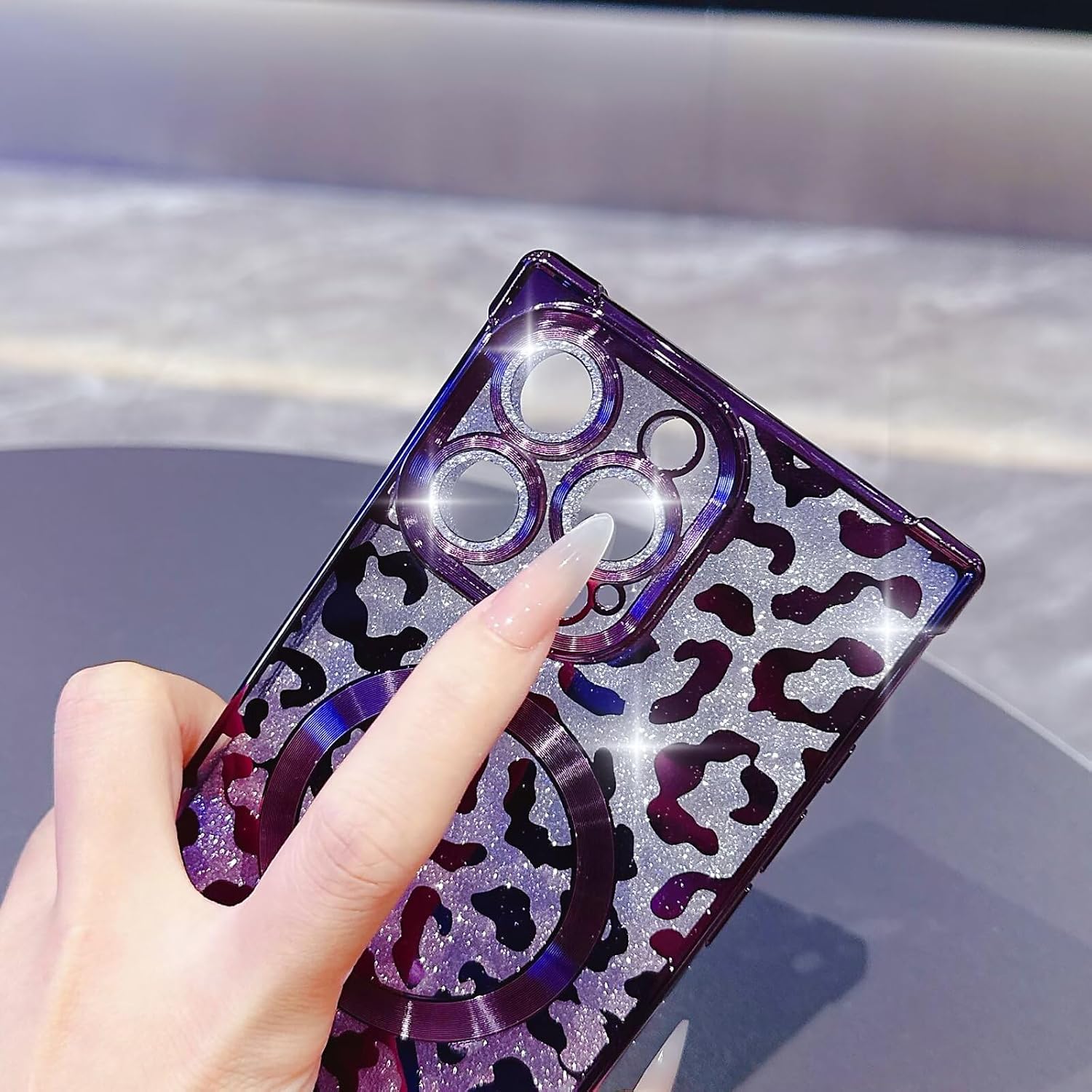 Magnetic Case for iPhone 15 Pro Max, Compatible with MagSafe, Leopard Glitter Design with Built-in Camera Lens Protector, Shockproof Protective Cover,Gold image 4