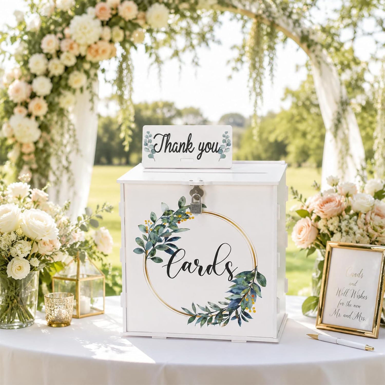 White PVC Wedding Card Box with Lock and Sign