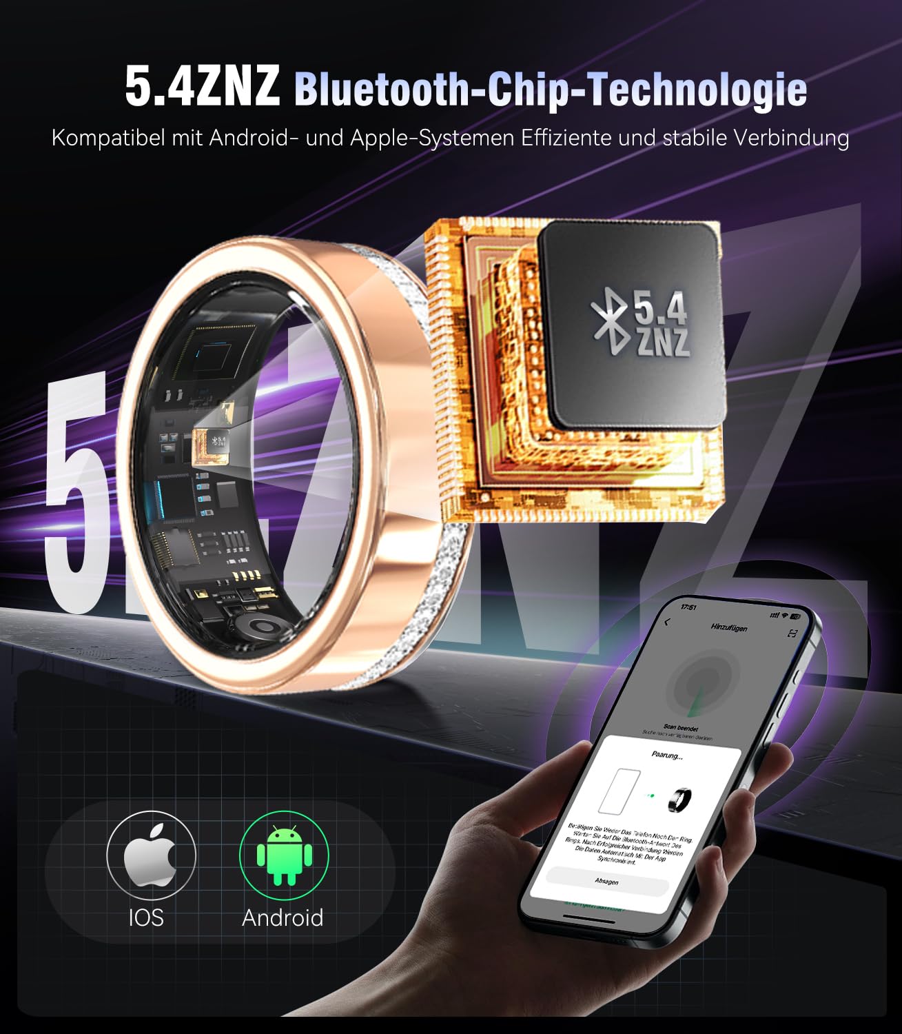 10. Gen Diamant Smart Ring und Kabelloses Ladeetui【Branchennummer 1 – 0 Messfehler】 2025 Fitness Tracker zur Schlafüberwachung, Tragbarer SpO2-Smartring für Android und iOS, Gold 8#