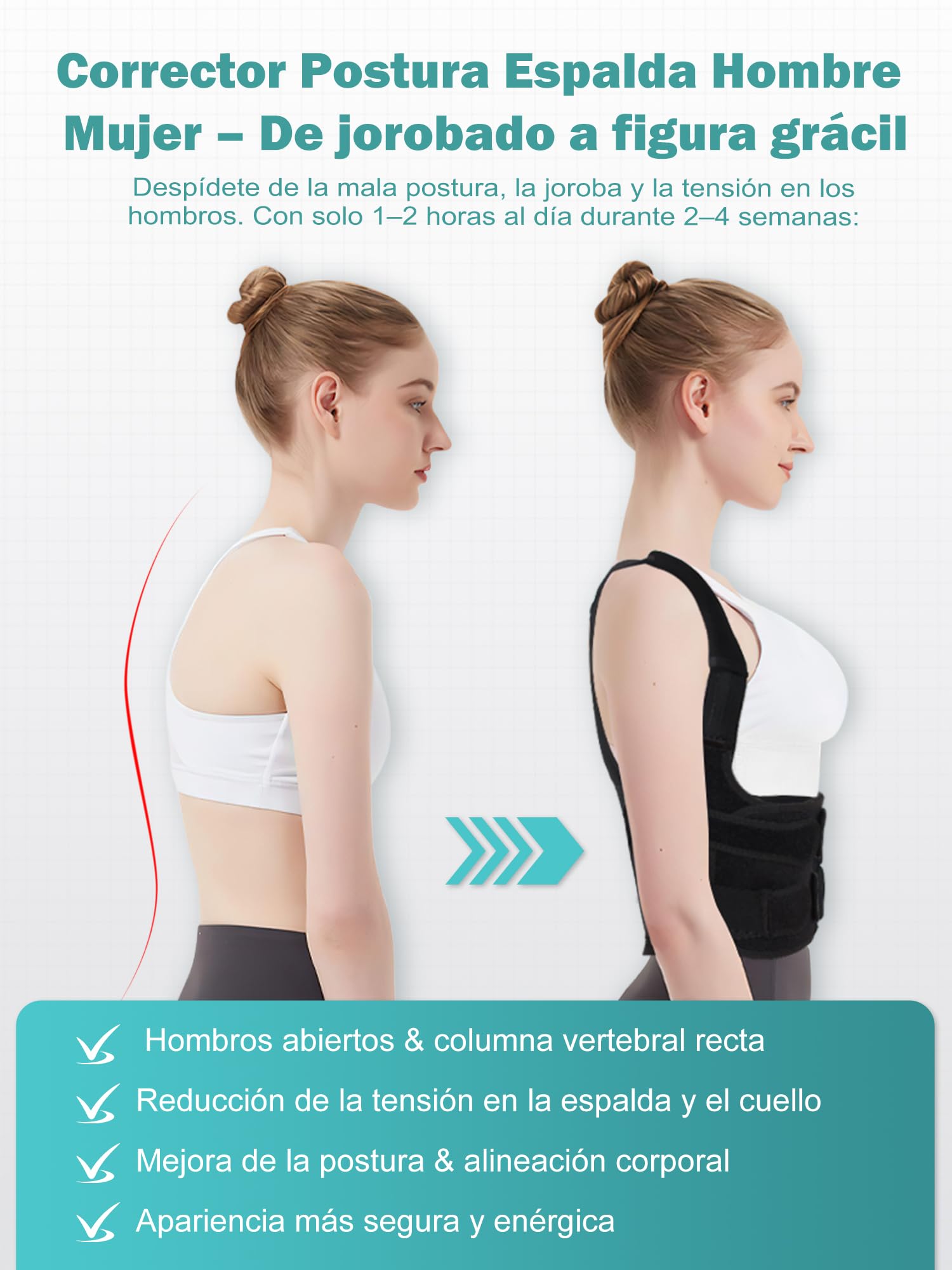 Corrector Postura Espalda Hombre Mujer ：Corrector de Espalda Recta Ajustable e Invisible – Soporte Lumbar Transpirable para Cuello y Hombros – Entrenador Postural para Enderezar la Espalda Negro M