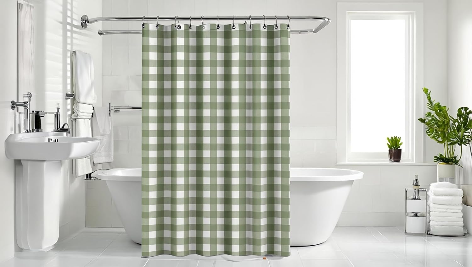 100% Recycled Cotton Plaid Shower Curtain – Eco-Friendly, Lightweight Sustainable Fabric, Button Hole Semi Sheer Curtain for Bathroom, Durable & Washable, 72"x72", Sage