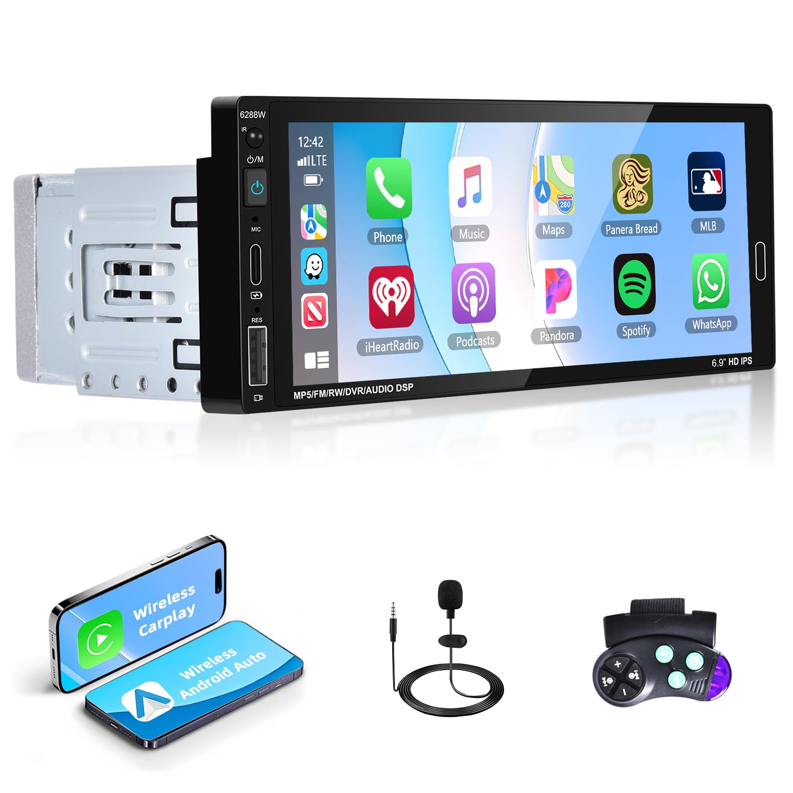 Stereo 1 Din con Schermo & Type-C, 6.9 Pollici Touchscreen Bluetooth Autoradio con Wireless Carplay, Android Auto, MirrorLink, FM/, EQ, USB, AUX-IN, SWC, Lettore Multimediale per Auto