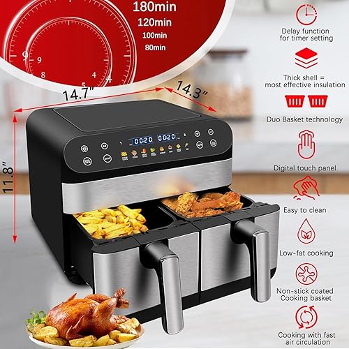 Miniatura 4 de Freidora de aire de doble cesta de 9.5 cuartos de galón, freidora digital grande de doble zona, 2 cajones, preajustes de cocción 8 en 1, con acabado