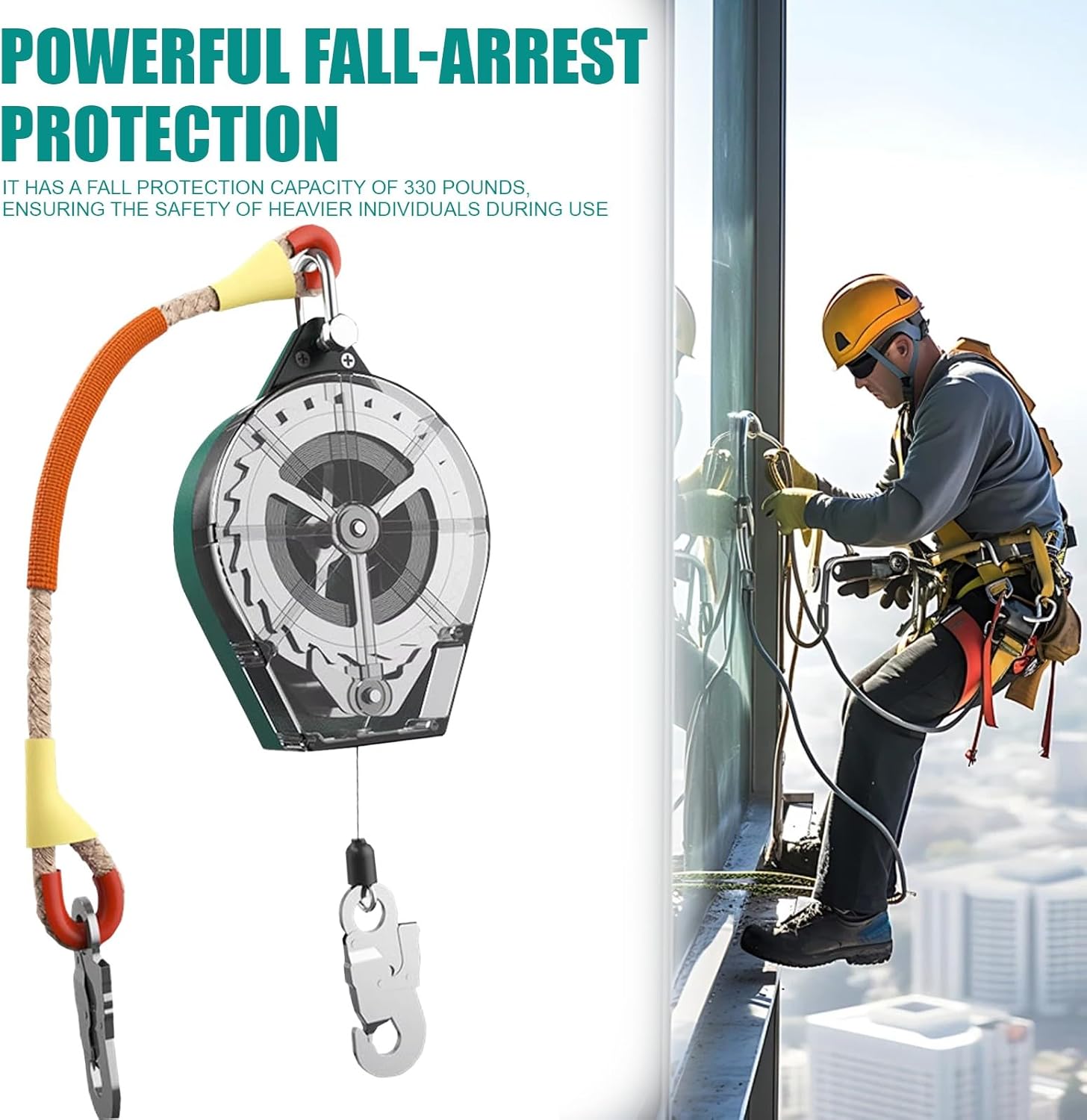 330 Lbs Self-Retractable Fall Arrester, Protecta Fall Protection Gear with Dual Swivels, Alloy Steel Hook