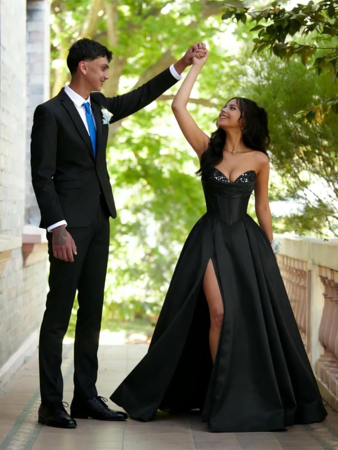 Strapless Satin Prom Dress for Women - A Line Corset Beaded Formal Party Dresses with Side Slit and Pockets