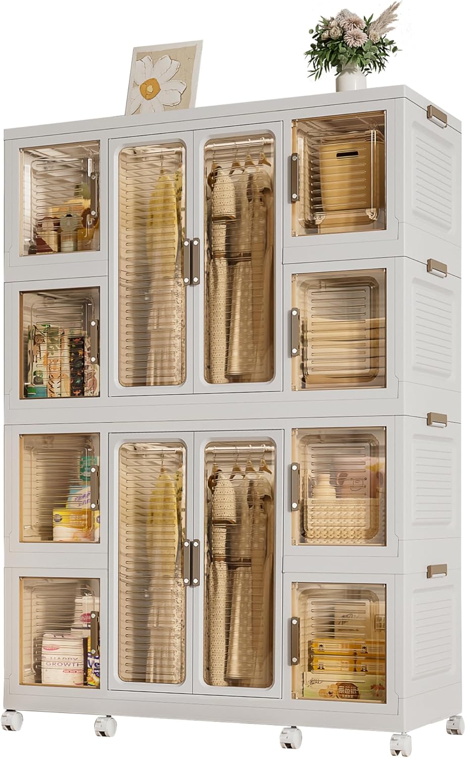 Leavader Portable Wardrobe Closet, Large Collapsible Plastic Wardrobe with Wheels, Foldable Clothes Storage Cabinet with 8 Shelves, 2 Hanging Rod and 16 pcs Hangers