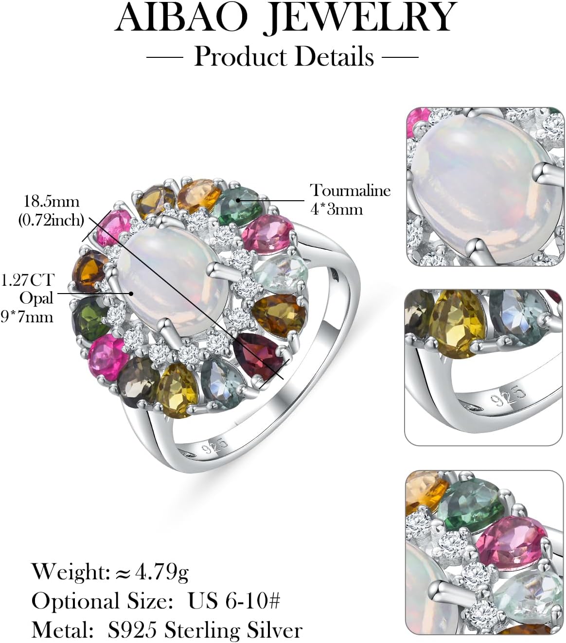 AIBAO Genuine Turquoise/Opal Engagement Rings for Women Hypoallergenic Sterling Silver Gemstone Statement Cocktial Rings Western Boho Jewelry Size 5 to 10