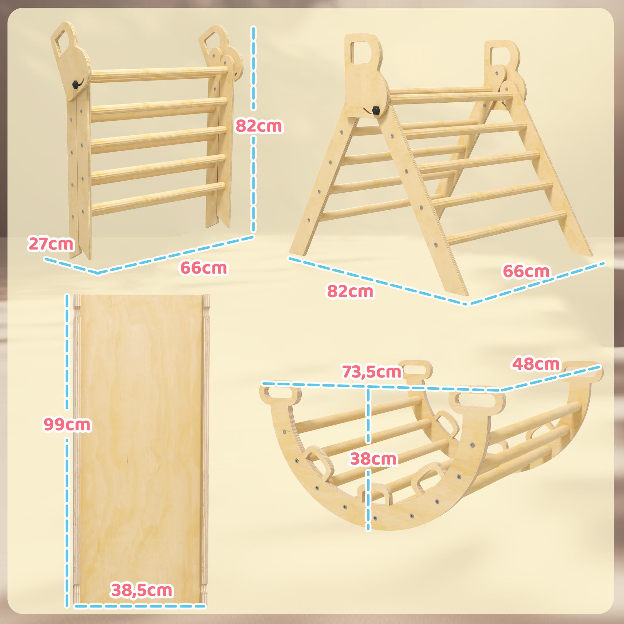 AIYAPLAY Triangle Arche d'escalade Enfants 5 en 1 50 kg Effet Bois Naturel | Avec Triangle d'Escalade, Rampe Réversible, Toboggan, Bascule, pour Bébé 18-48 Mois, Parcours Motricité Bébé
