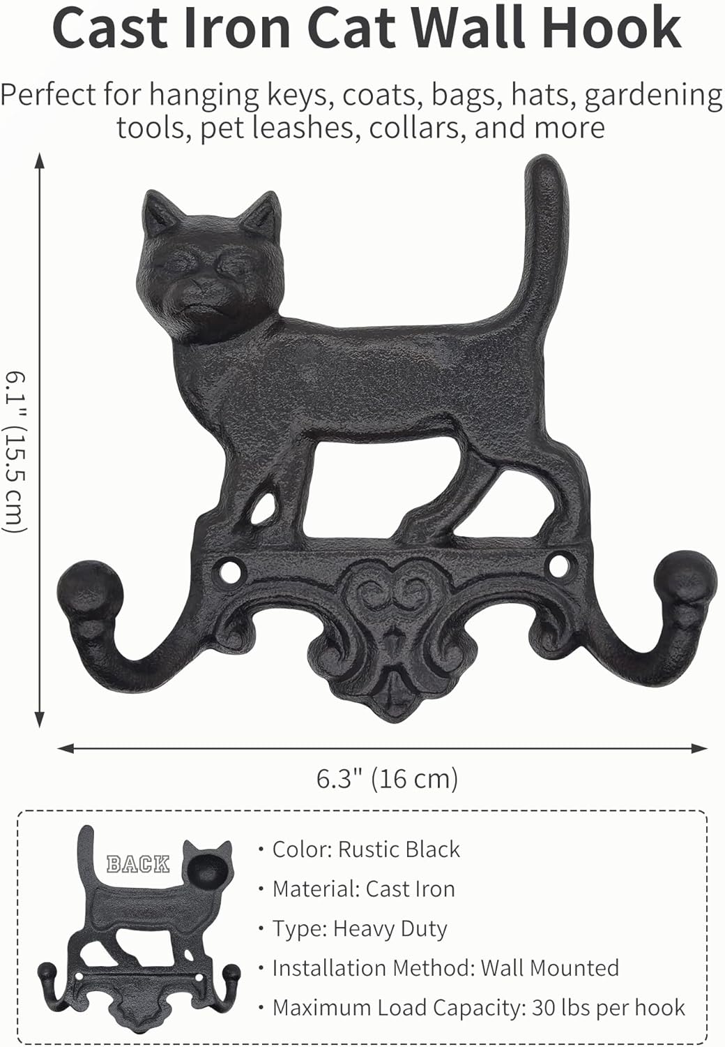 Cast Iron Cat Wall Hooks for Hanging, Decorative Heavy Duty Coat Hooks Wall Mount Key Hanger Leash Holder Vintage Farmhouse Entryway Mudroom Cute Animal Decor Rustic Black 2 Pack