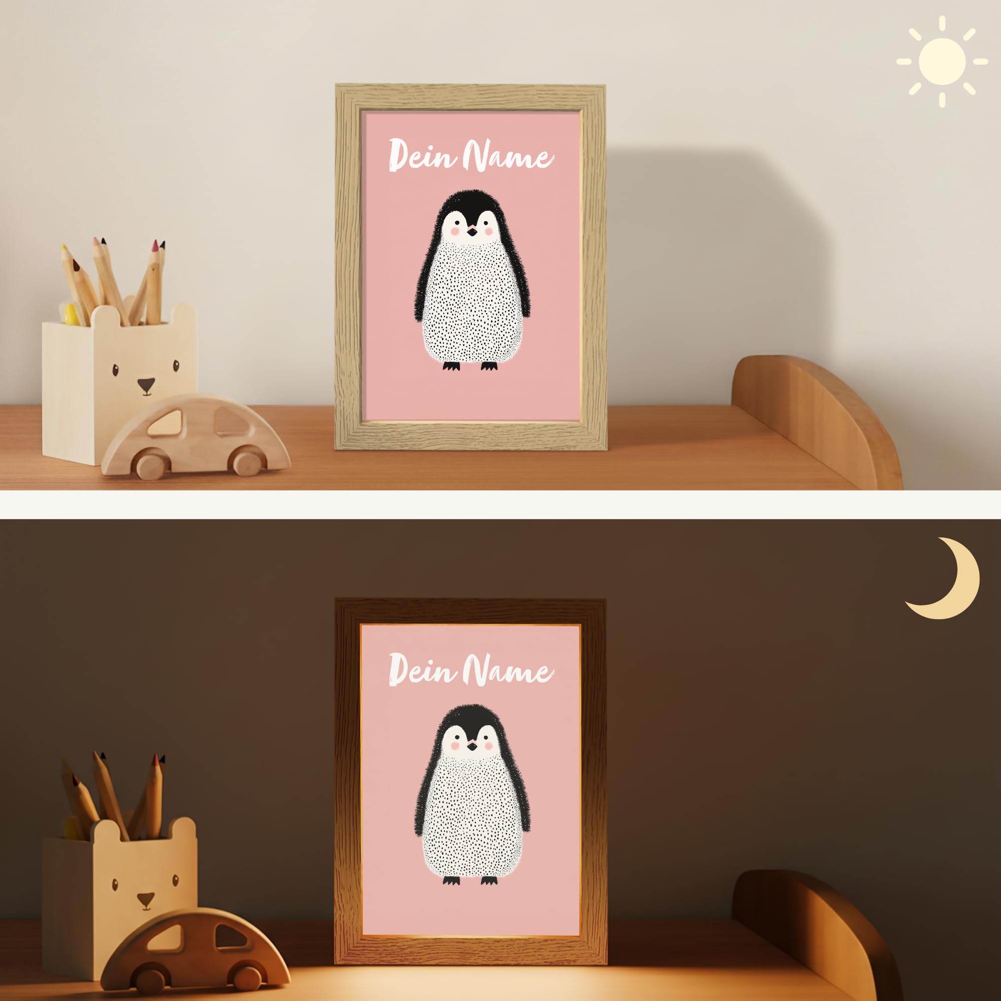 Nachtlicht Für Kinder Mit Name 15x20 cm Lampe Nachttisch Nachtlampe Kinderzimmer Personalisiert Nachttischlampe Jugendliche Pinguin - Punkte - Minimalistisch - Rosa