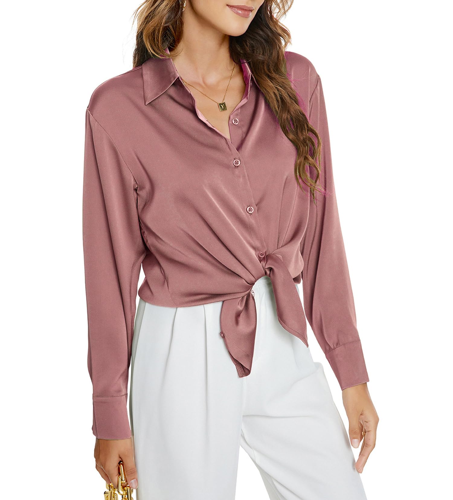 SITELUOYG Womens Long Sleeve Satin Silk Button Down Shirts Casual Work Business Smooth Blouse