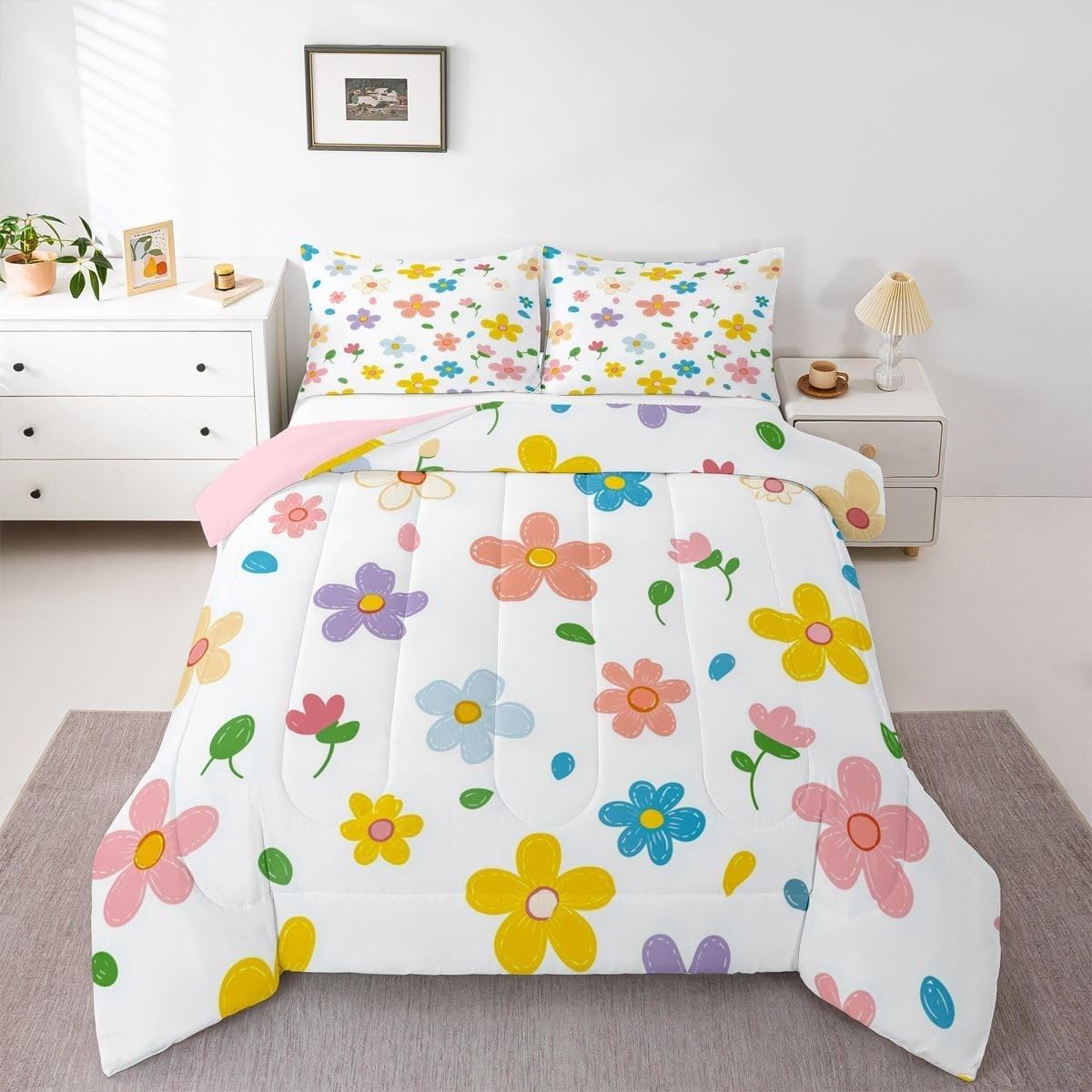 Couette 240x260 Chaude Fleur avec 2 Taies d'oreiller Édredon Microfibre Douce