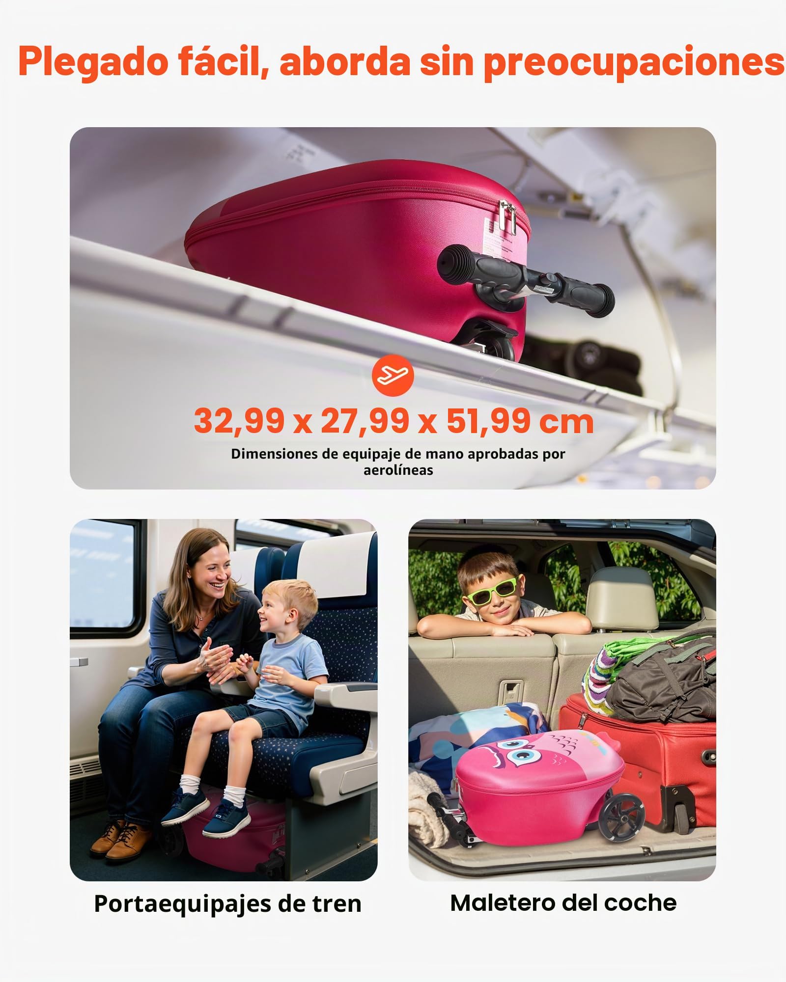 VEVOR Maleta Patinete Infantil 315x670x790 mm Capacidad de 20 L con Ruedas de Poliuretano Asa Ajustable Agarre Antideslizante de TPR Plegable y Ligera para Niños Mayores de 5 Años para Viajar, Rosa