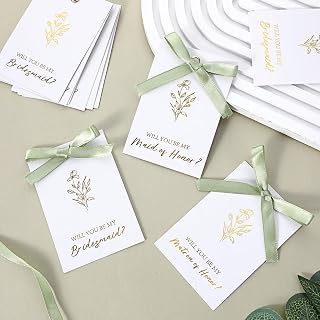 12 Pack Bridesmaid Proposal Card Set, 8 Will You Be My Bridesmaid Cards, 2 Maid Of Honor Cards, 2 Matron Of Honor Card with Ribbon Bow Gold Foil Invitation Paper Tags Wedding Bridal Gifts