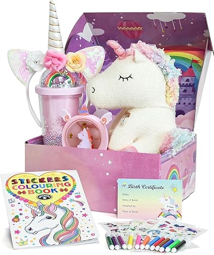 Regalo de unicornio para niñas de 3, 4, 5, 6, 7, 8 años, con botella de agua de animales de peluche, collar de luz nocturna, diadema, bolígrafo de