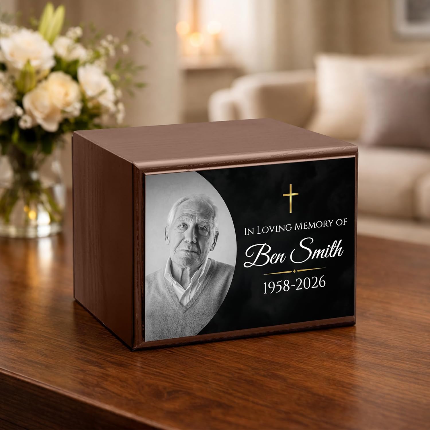 Personalized Wooden Urns for Human Ashes - Custom Cremation Urn for Adult up to 170 lbs - Add Your Photo and Text - Custom Burial Memorial Keepsake, Dark Walnut (Design 8) - Image 7