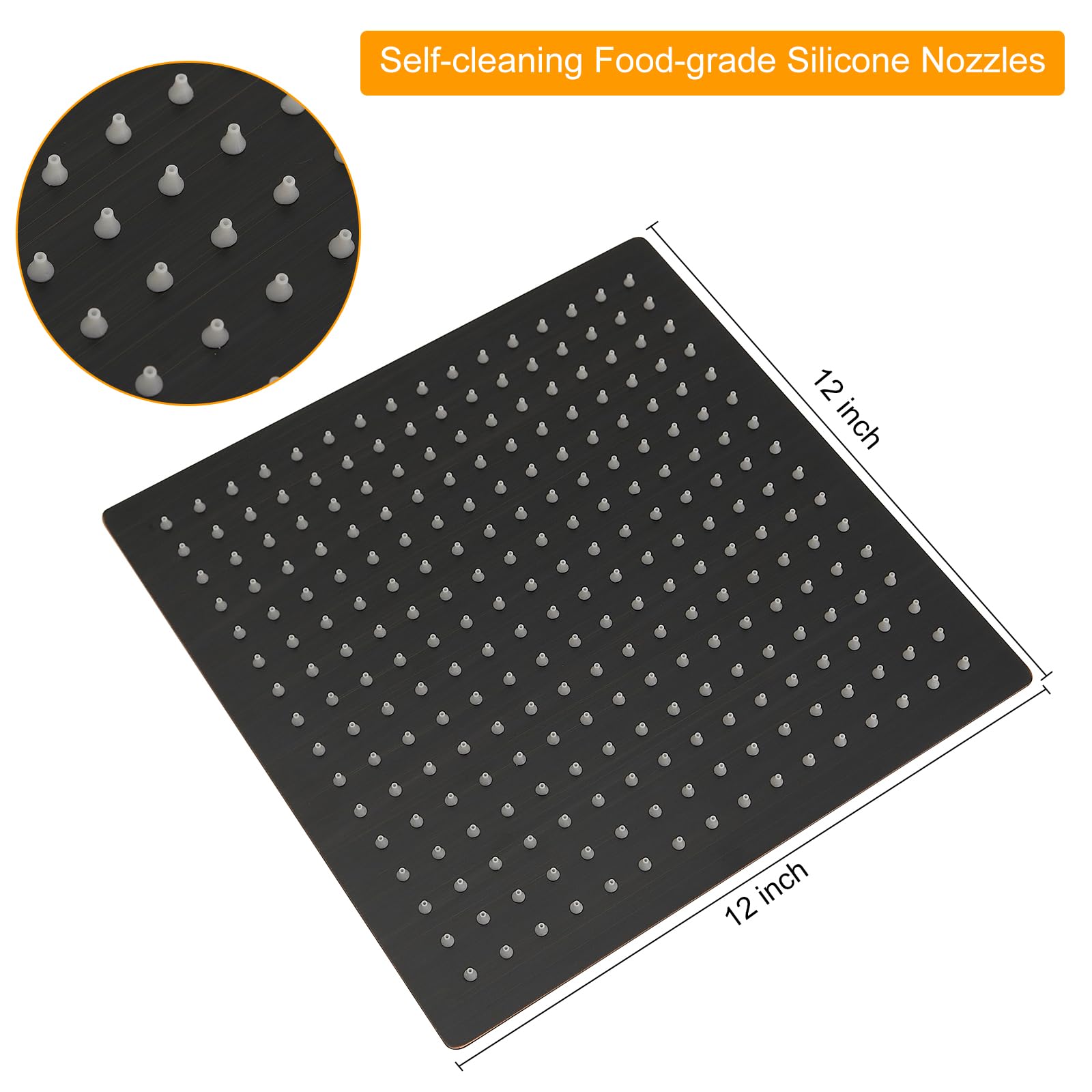 BESy 12 Inch Rain Shower Head, 12" Square Rainfall & High Pressure Stainless Steel Bath Showerhead, 1/16" Ultra Thin, Waterfall Full Body Coverage with Silicone Nozzle, Oil Rubbed Bronze Finish