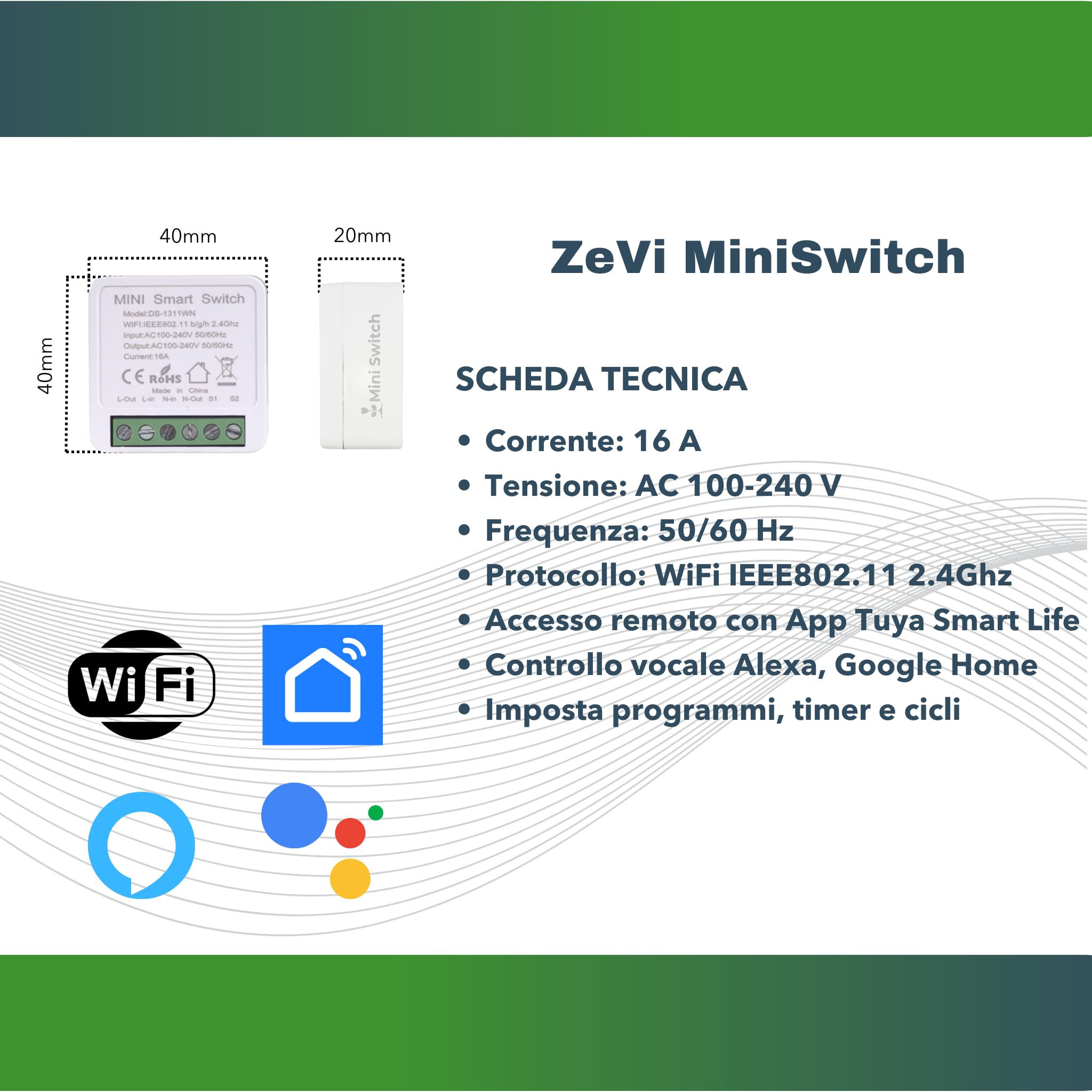Interuttore Intelligente | WiFi | ZeVi MiniSwitch Modulo per Automazione domestica, Controllo Remoto Luci e Dispositivi app SmartLife, Domotica Fai-da-Te, Compatibile con Alexa e Google Home 10pz