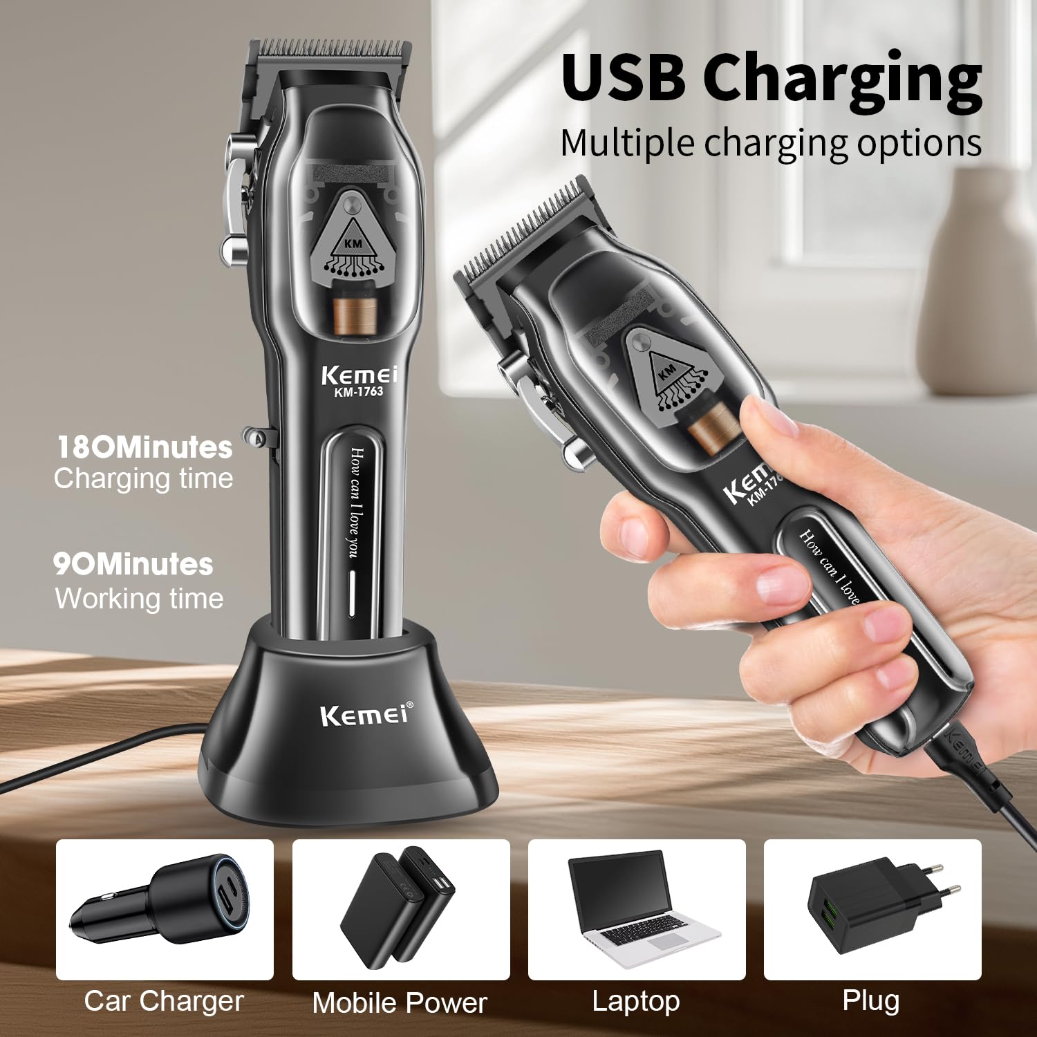 Kemei km-1763 Barber High Speed Motor 9000 RPM Electric Hair Trimmer description image 2