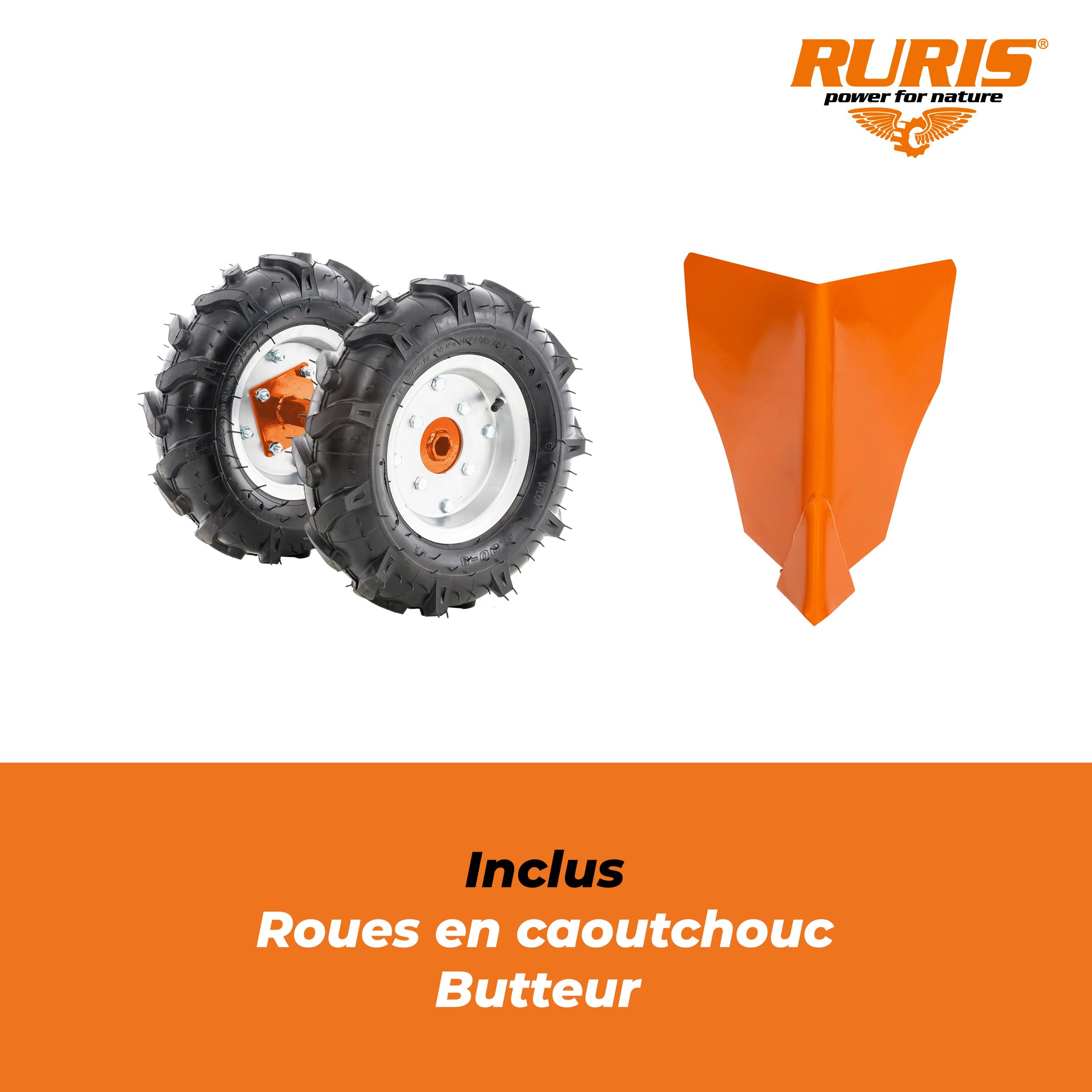 RURIS POWER FOR NATURE Motobineuse 7000fr, 7 CV, 24 Fraises, Largeur de Travaille 560-830mm, guidons Ajustable + Butteur + Lot Contrepoids 10kg, Orange