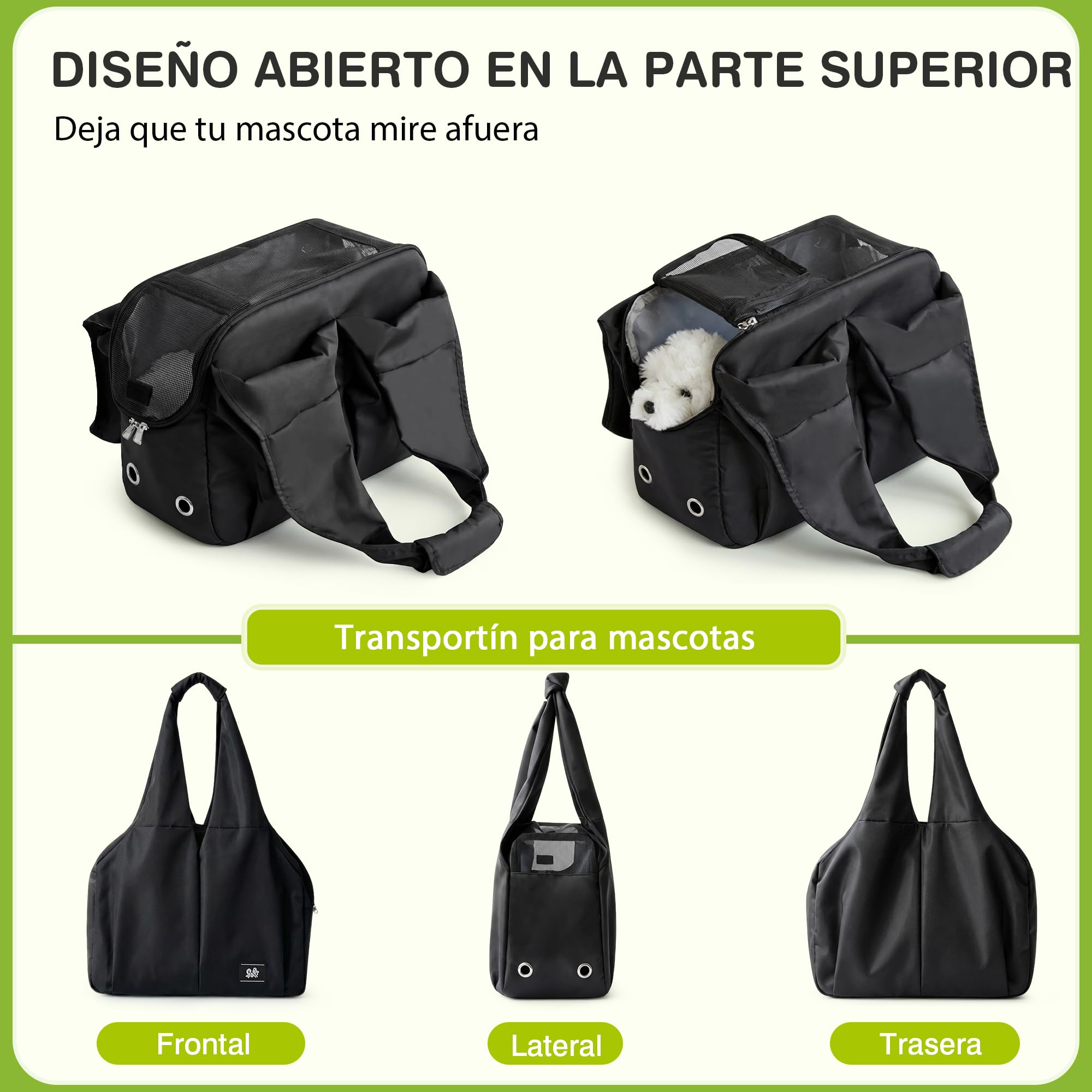 ALLSOPETS Bolso para Perros Pequeños, Transportín Portátil con Gancho para Correa, Mochila para Perros y Gatos Transpirable y Cómoda, Ideal para Viajar y Camping (Negro Intenso)