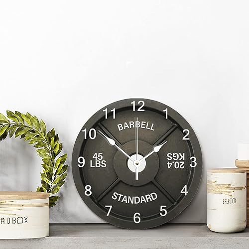 Miniatura 4 de ArogGeld Reloj de pared con placa de pesas para fitness, decoración estándar de gimnasio, 10 pulgadas, funciona con pilas, silencioso, sin tictac,