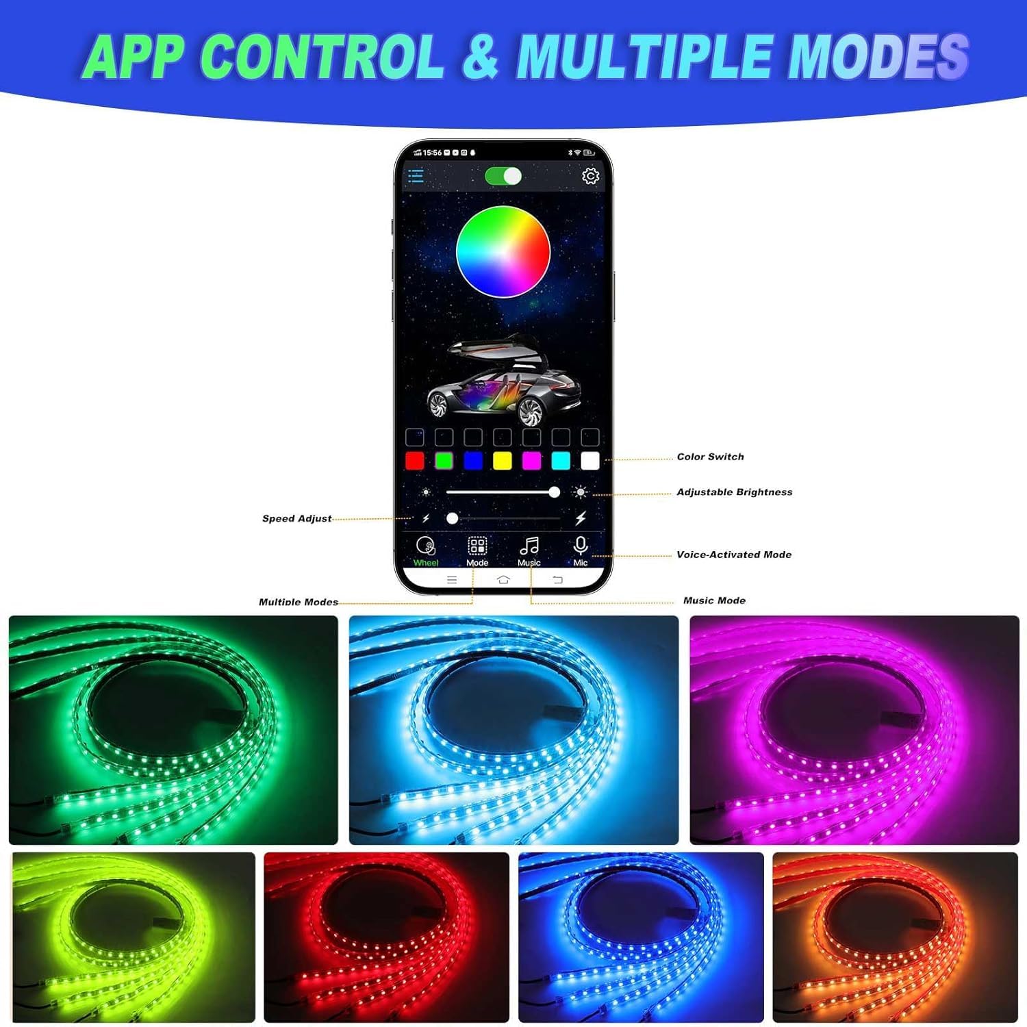 4 pezzi sotto illuminazione per auto, 16 milioni di colori, controllo app, sincronizzazione musicale, strisce luminose RGB impermeabili per auto, SUV.